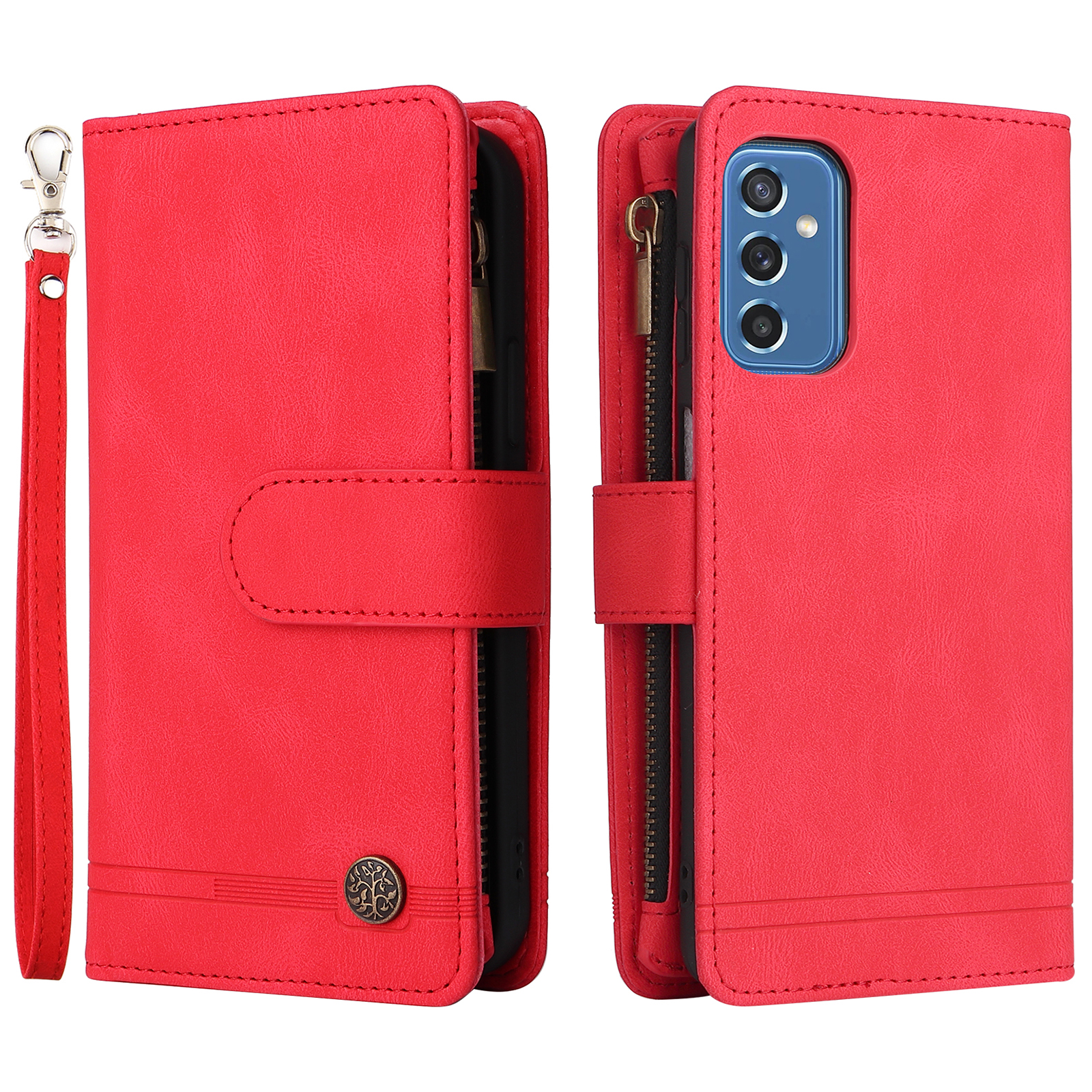 

Imprinting Stripes Stand Leather Case Zipper Pocket Card Slots Phone Cover with Strap for Samsung Galaxy M52 5G - Red, Samsung Galaxy M52 5G