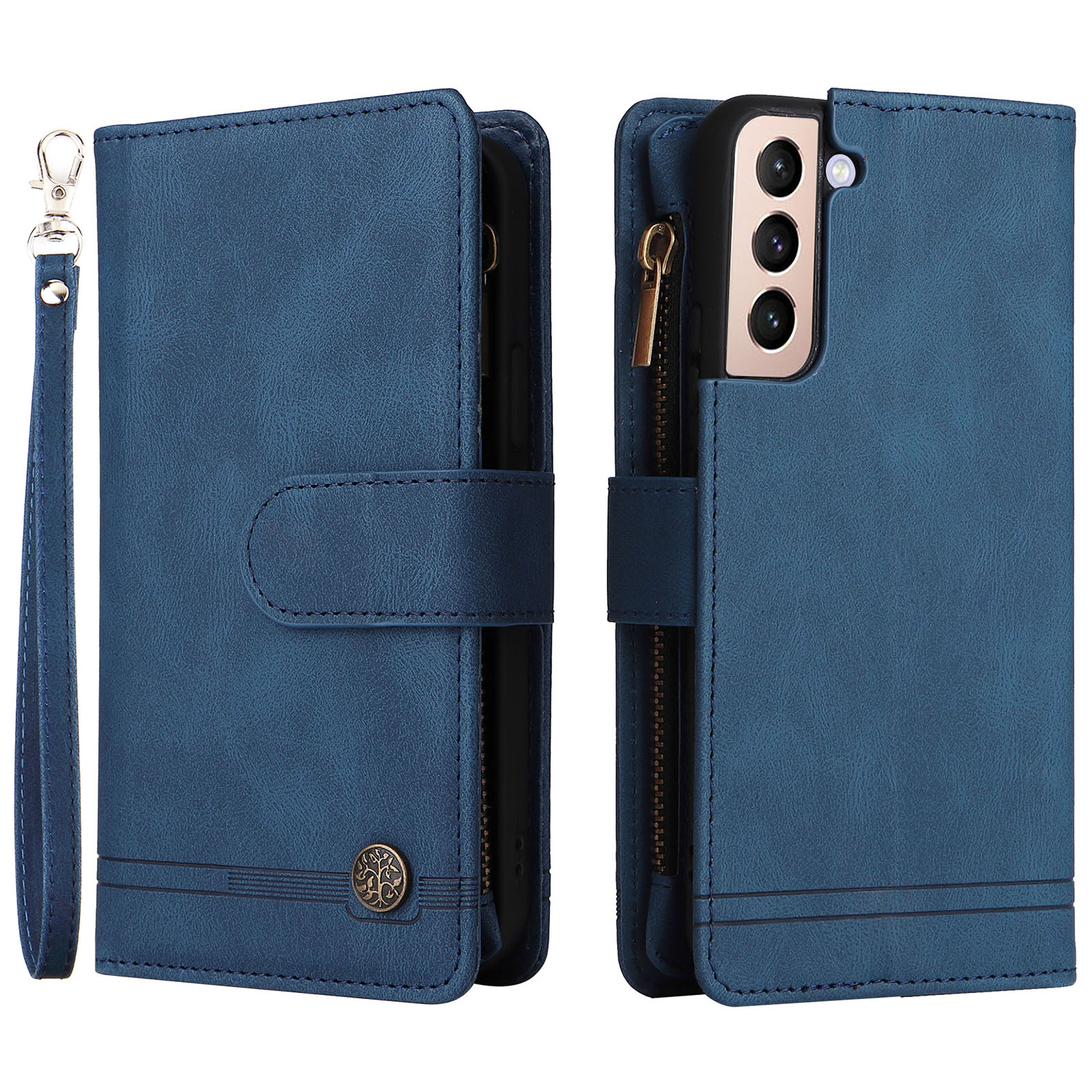 

Imprinting Stripes Zipper Pocket Card Slots Skin-touch Leather Cover Foldable Stand Phone Case for Samsung Galaxy S22+ 5G - Blue, Galaxy S22+ 5G