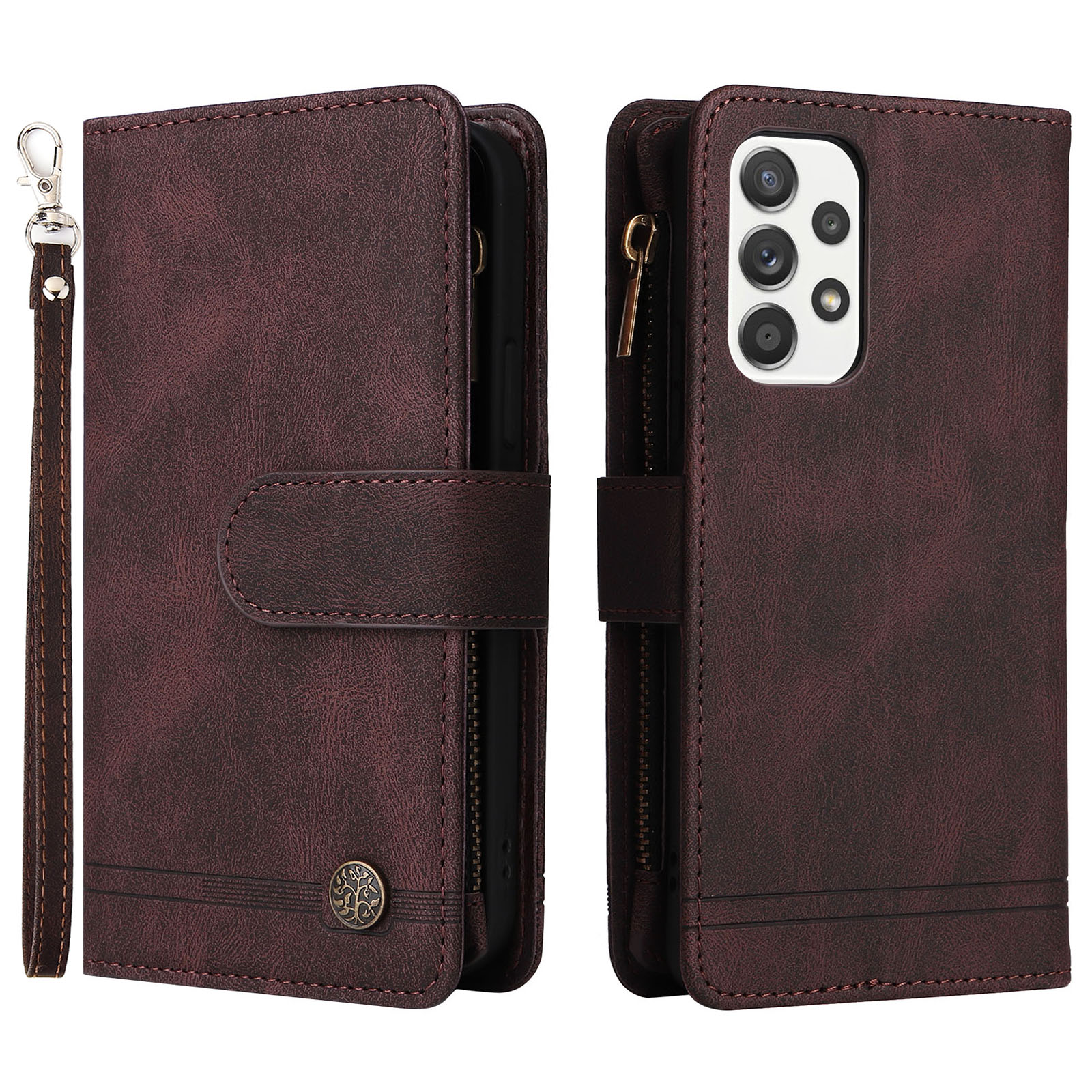 

Полосы Отпечатаны с Кожей Кожи Кожи Кожи Flip Folio Protective Cover Cover Card Slots Carp Pocket с Ремешком Для Samsung Galaxy A53 5G - Коричневый, Samsung Galaxy A53 5G