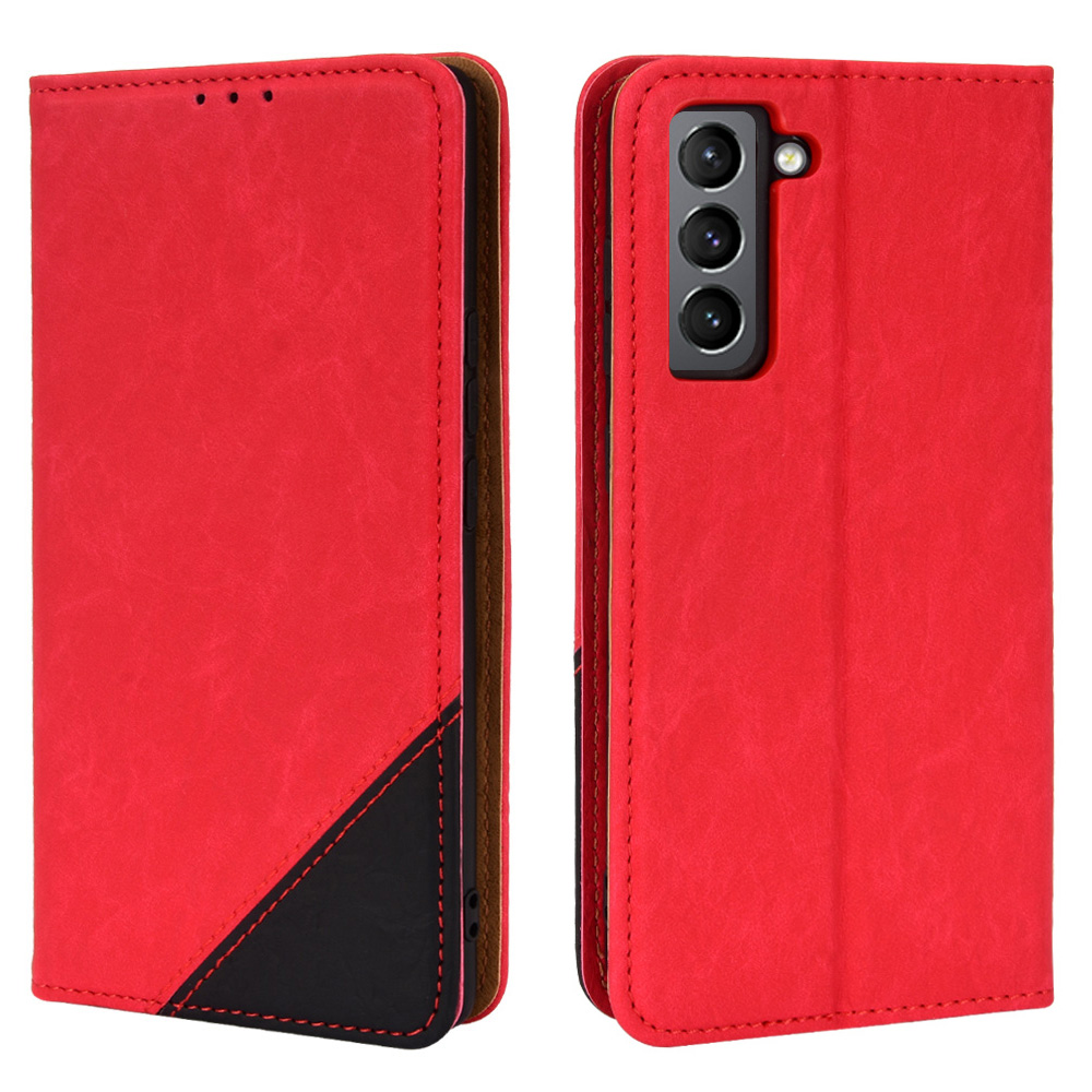 

Шокопродажный PU Кожаный Телефон Crown Color Splising Folio Flip Chop Cople Chop со Складной Подставкой Для Samsung Galaxy S21 fe 5G - Красный, Galaxy S21 FE 5G