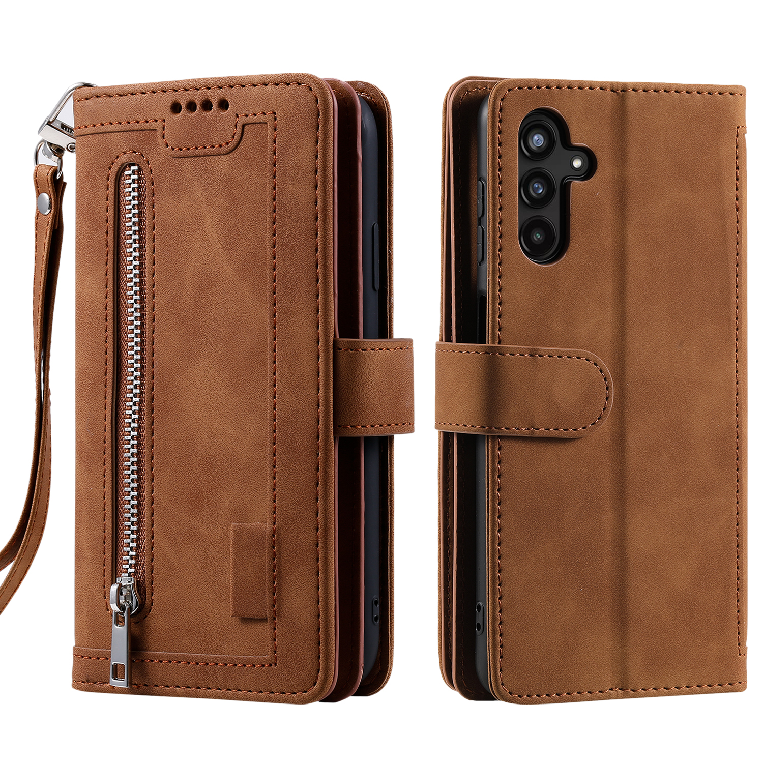 

9 Card Slots Full Protection Stand Wallet Leather Cover Phone Case with Zipper Pocket for Samsung Galaxy A13 5G / A04s 4G (164.7 x 76.7 x 9.1 mm) - Brown, Galaxy A13 5G