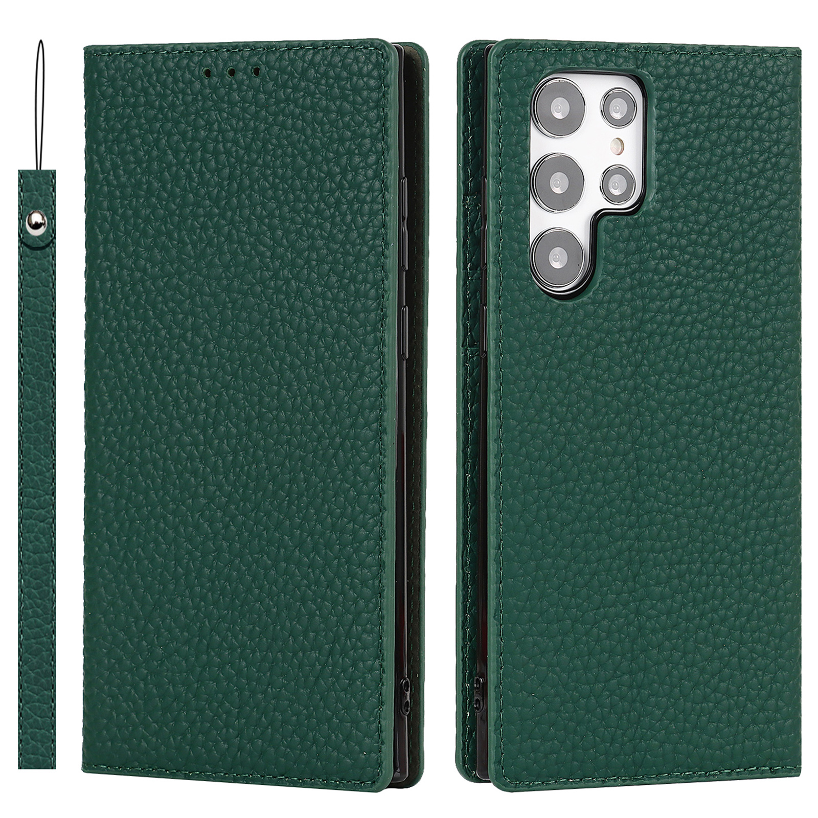 

Full Protection Litchi Texture Genuine Leather Cover Stand Shockproof Flip Wallet Case with Strap for Samsung Galaxy S22 Ultra 5G - Green, Galaxy S22 Ultra 5G