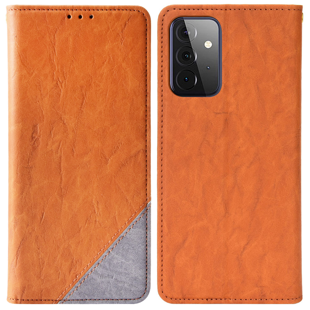 

Color Splising pu Кожаный Телефон Shock -reseance Flio Flip Thone Cope с Подставкой Для Samsung Galaxy A73 5G - Коричневый, Samsung Galaxy A73 5G