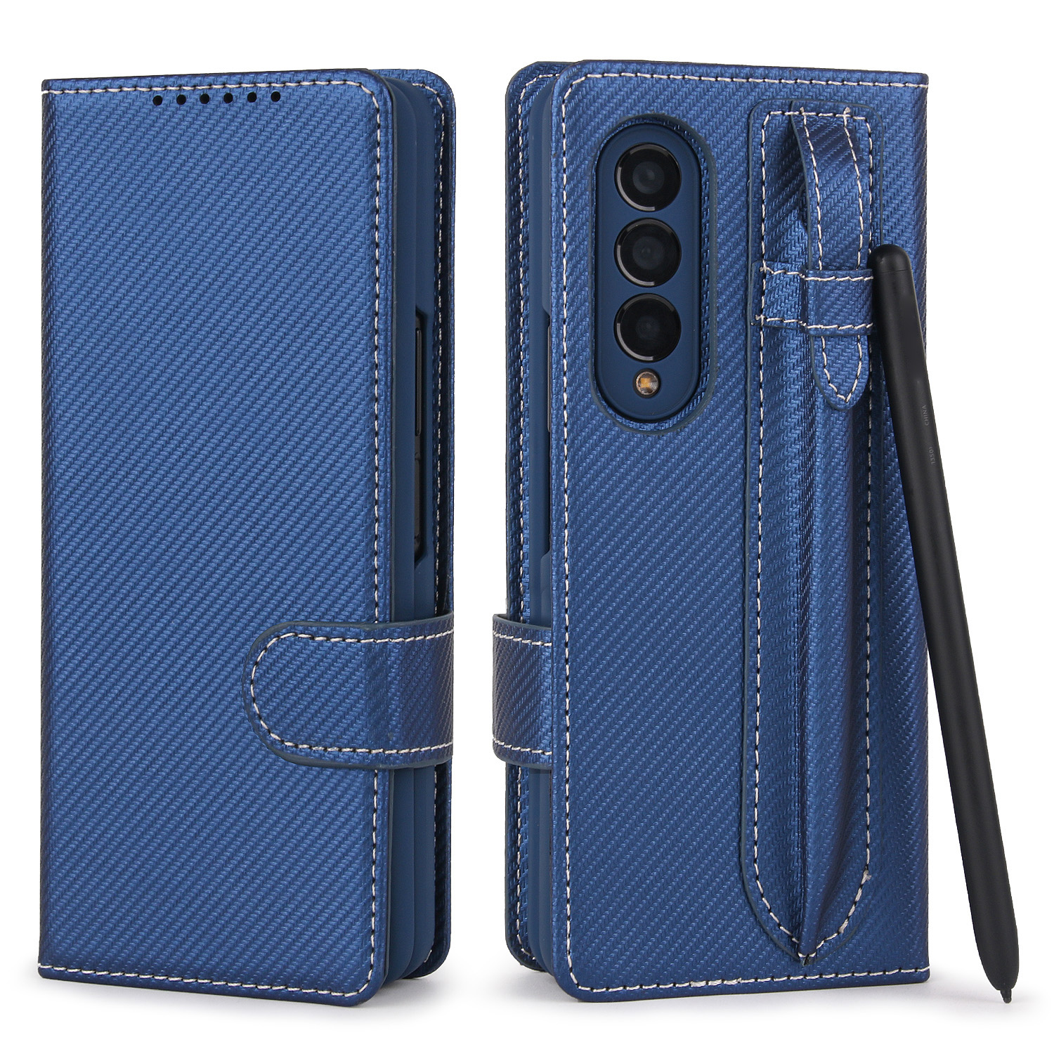 

POLA Well-protected Texture Detachable PU Leather Shell Stand Wallet Mobille Phone Case with Pen Slot for Samsung Galaxy Z Fold3 5G - Sapphire/Twill Texture, Galaxy Z Fold3 5G