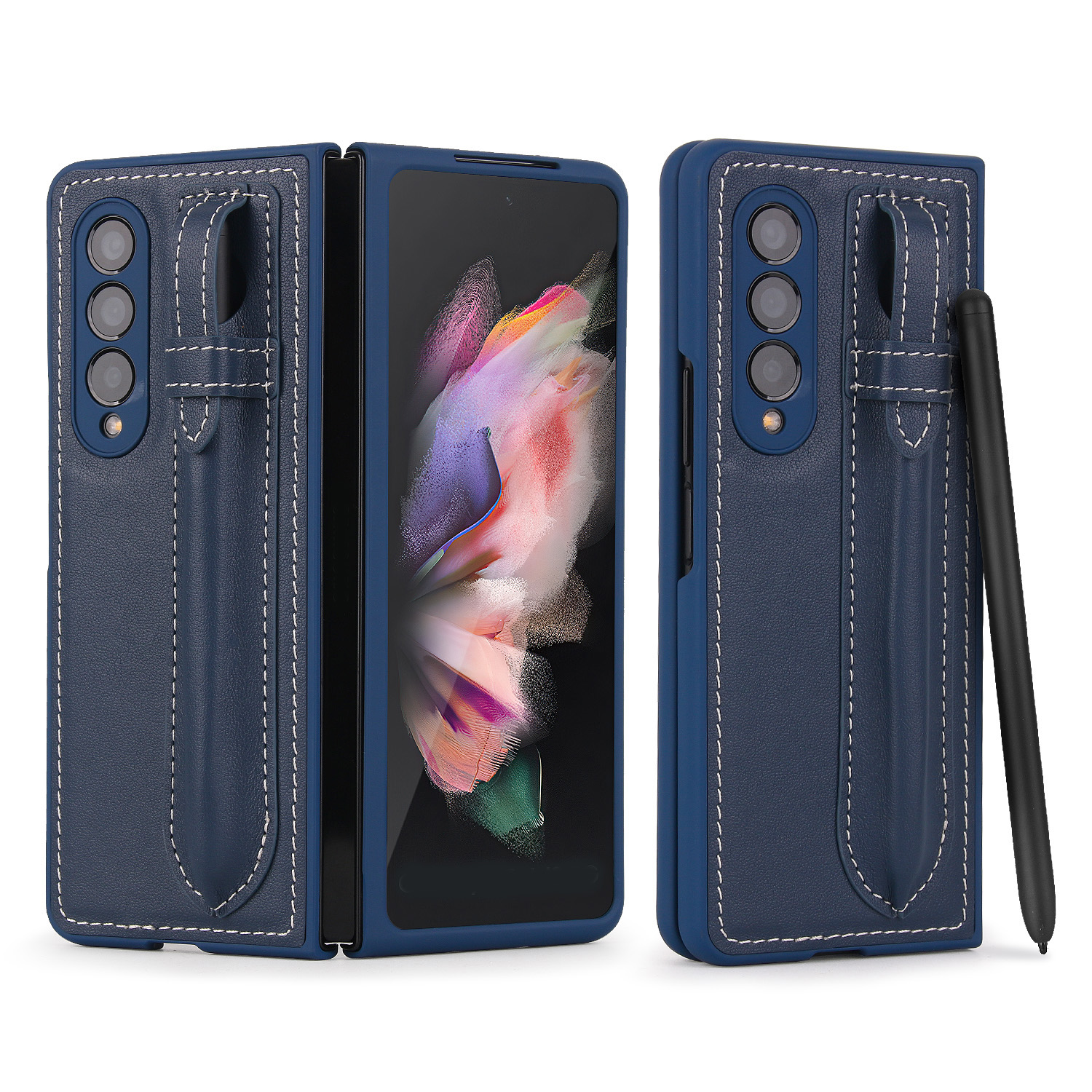 

POLA Pen Slot Design Anti-scratch Top Layer Genuine Leather Coated Hard PC Phone Case Shell for Samsung Galaxy Z Fold3 5G - Blue, Galaxy Z Fold3 5G