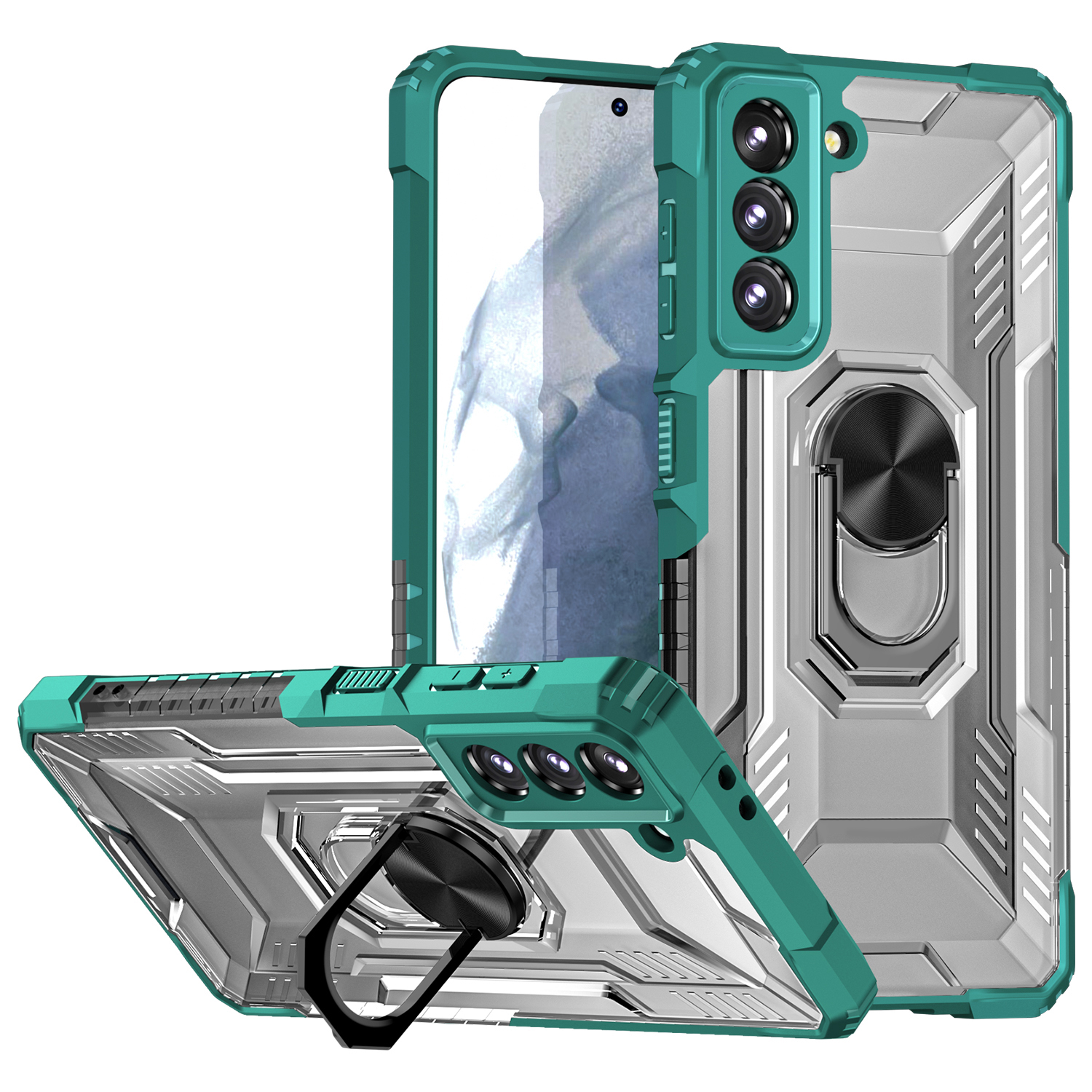 

Сверхмощный Прочный Ударный Ударный Мягкий TPU + Hard PC Protective Cover с Кольцевой Подставкой Для Samsung Galaxy S22 5G - Зеленый, Galaxy S22 5G
