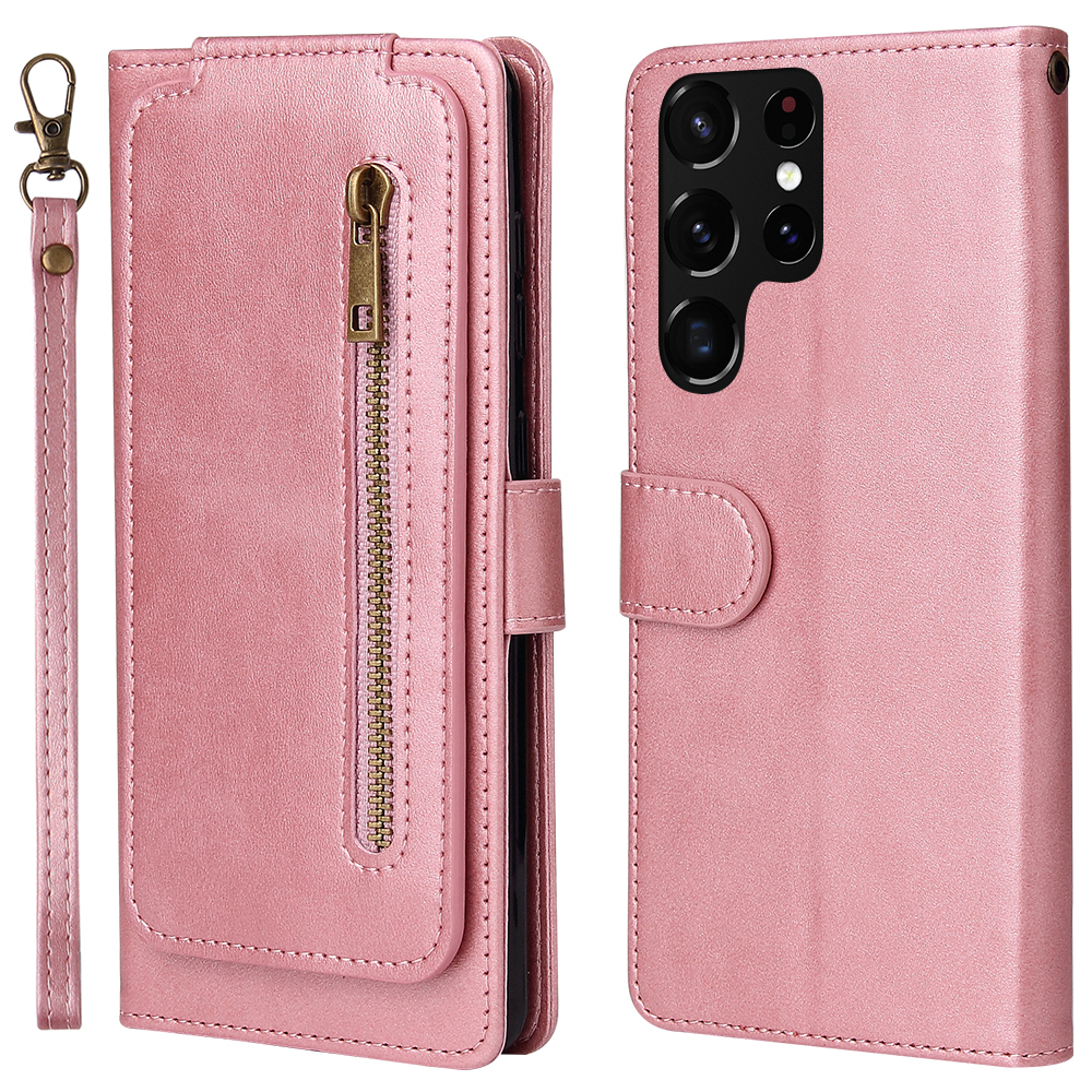 

Zipper Pocket 9 Card Slots Leather Wallet Case Anti-drop Mobile Phone Shell for Samsung Galaxy S22 Ultra 5G - Rose Gold, Galaxy S22 Ultra 5G