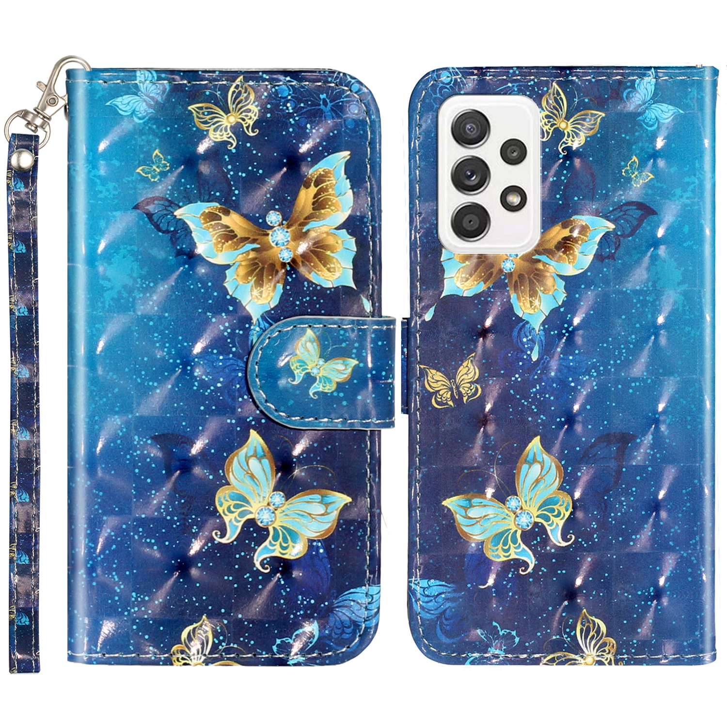 

Folio Flip Pattern Printing Scratch Praintion Кожаная Кошелька Чехла Телефона с Подставкой Для Samsung Galaxy A33 5G - Blue Gold Butterfly, Samsung Galaxy A33 5G