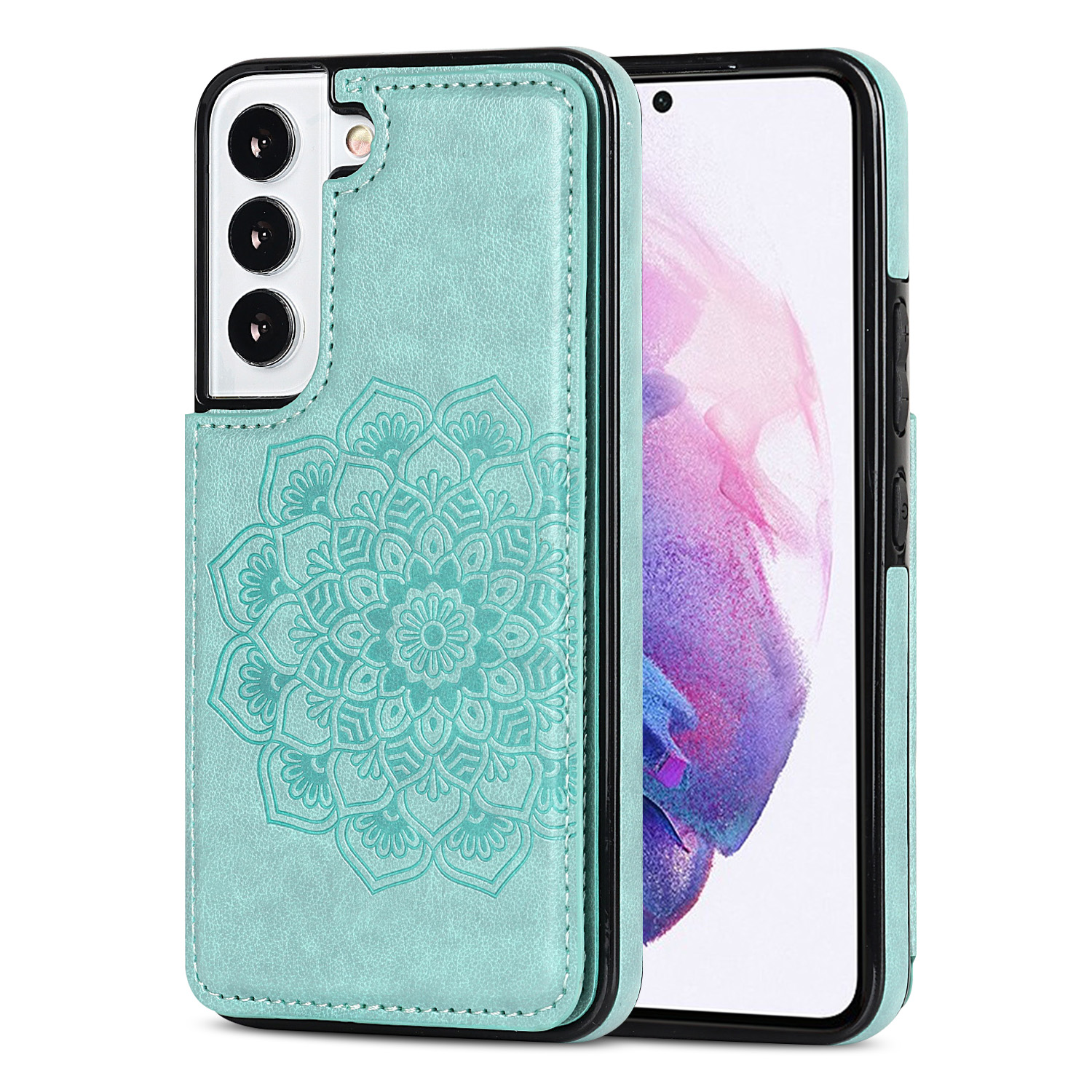 

PU Leather and TPU Cellphone Case Magnetic Imprinted Mandala Flower Kickstand Card Holder Phone Cover for Samsung Galaxy S22+ 5G - Green, Galaxy S22+ 5G