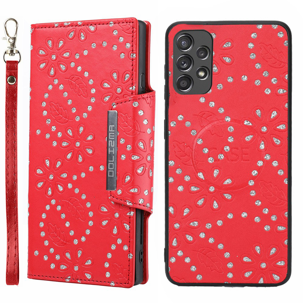 

For Samsung Galaxy A53 5G Detachable PU Leather Wallet Phone Protective Cover Case with Leaf Imprint Glitter Flower Design - Red, Samsung Galaxy A53 5G