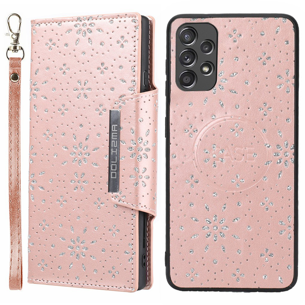 

Для Samsung Galaxy A53 5G Снятый Кожаный Кожи по Кожи PU Защитный Чехол с Листовым Отпечатка - Розовое Золото, Samsung Galaxy A53 5G
