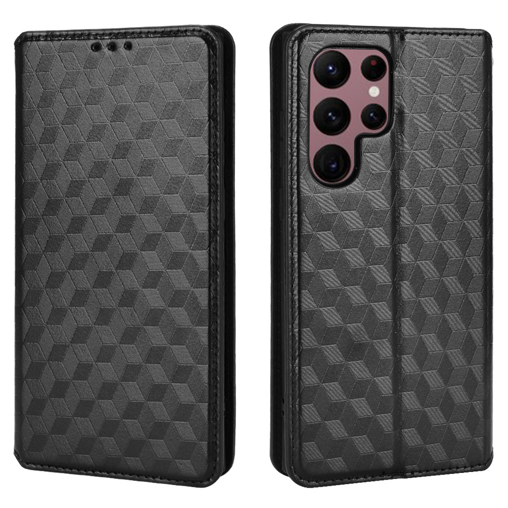 

Rhombus Imprinted Cell Phone Case for Samsung Galaxy S22 Ultra 5G, PU Leather + TPU Stand Wallet Anti-fall Cover - Black, Galaxy S22 Ultra 5G