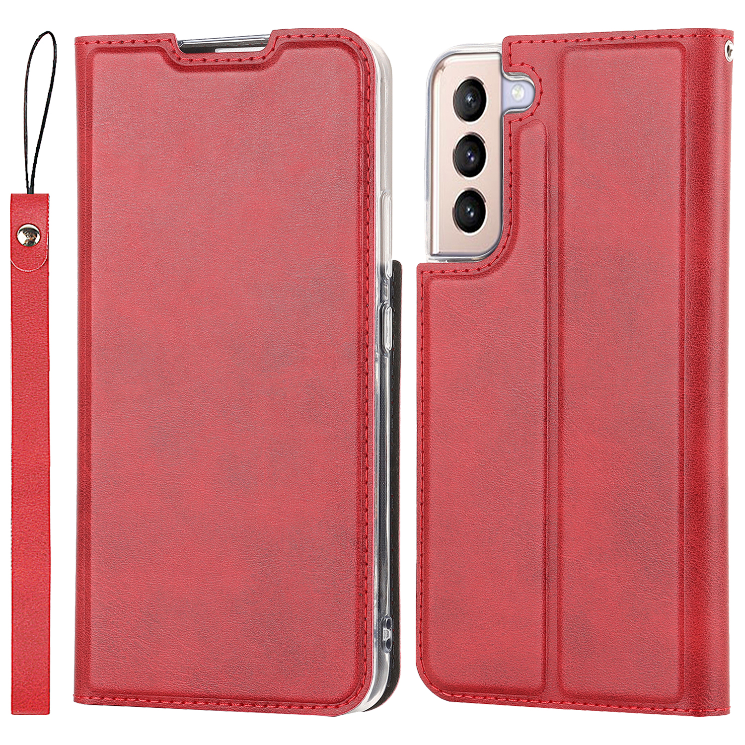 

For Samsung Galaxy S22+ 5G Scratch Resistant Textured PU Leather Card Holder Phone Cover Stand Phone Shell with Wrist Strap - Red, Galaxy S22+ 5G