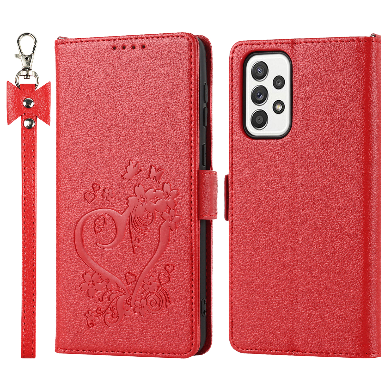

Для Samsung Galaxy A33 5G Heart Imprint Кожаный Кошелек Cuse Flip Folip Cover с Помощью Запястья Ремешка - Красный, Samsung Galaxy A33 5G