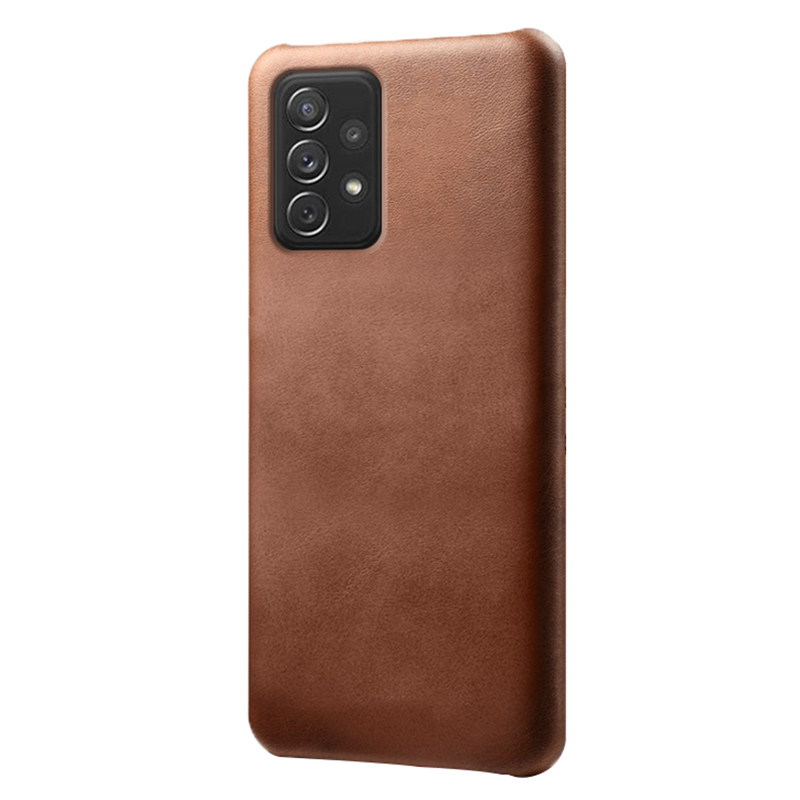 

For Samsung Galaxy A73 5G Scratch-resistant Textured PU Leather Coated PC Phone Case Protector - Brown, Samsung Galaxy A73 5G