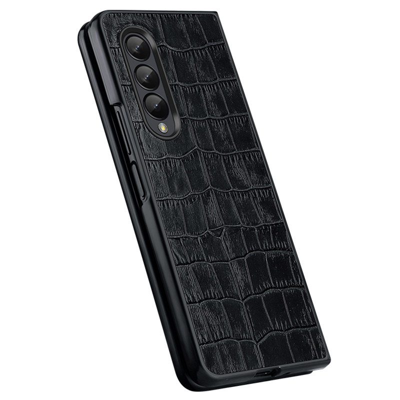 

For Samsung Galaxy Z Fold3 5G/W22 Crocodile Texture Drop-proof Anti-scratch Genuine Leather Coated PC Mobile Phone Shell Cover - Black, Galaxy Z Fold3 5G
