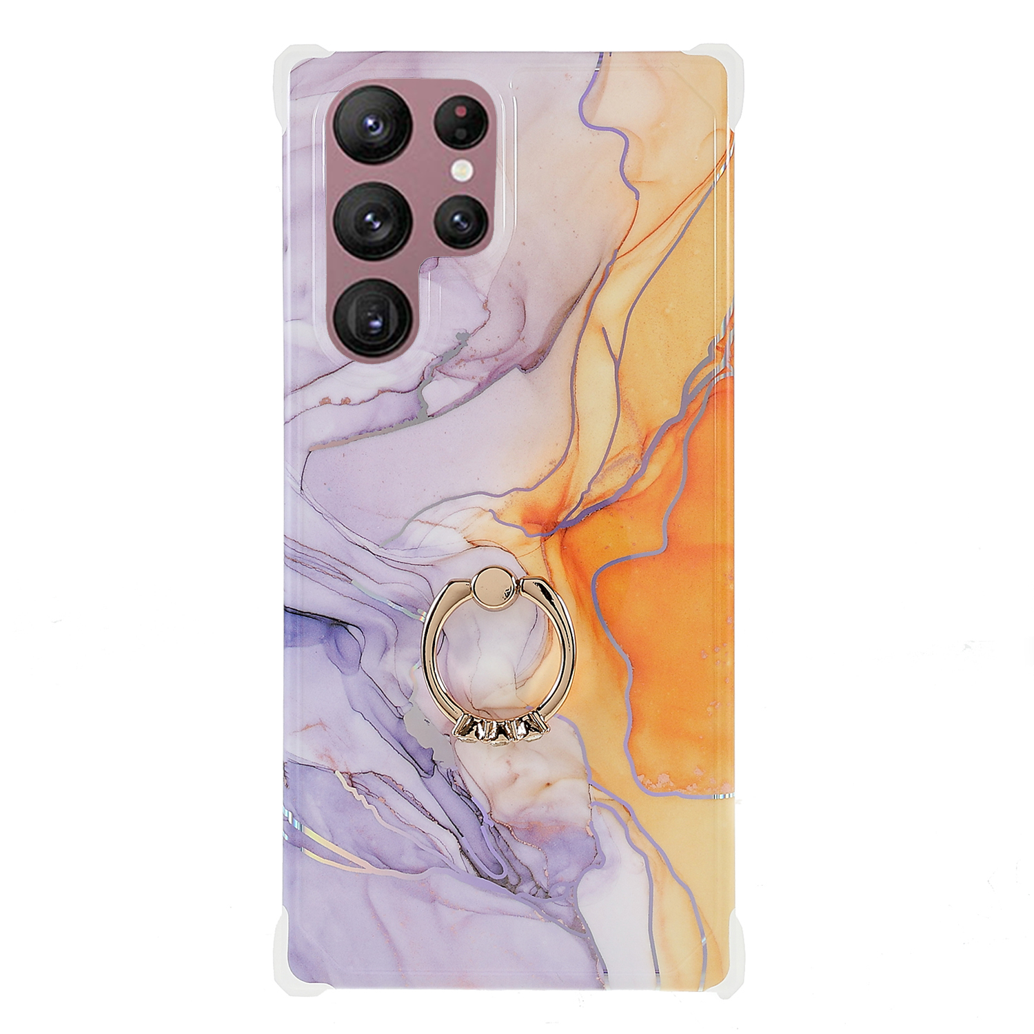 

For Samsung Galaxy S22 Ultra 5G TPU + PC Phone Case Ring Holder IMD Laser Marble Scratch-resistant Kickstand Protective Cover - CF4, Galaxy S22 Ultra 5G