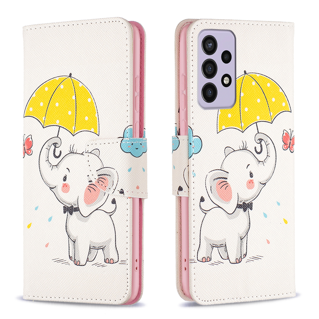 

For Samsung Galaxy A73 5G Pattern Printing PU Leather Flip Stand Protective Shockproof Wallet Phone Case Cover - Umbrella and Elephant, Samsung Galaxy A73 5G