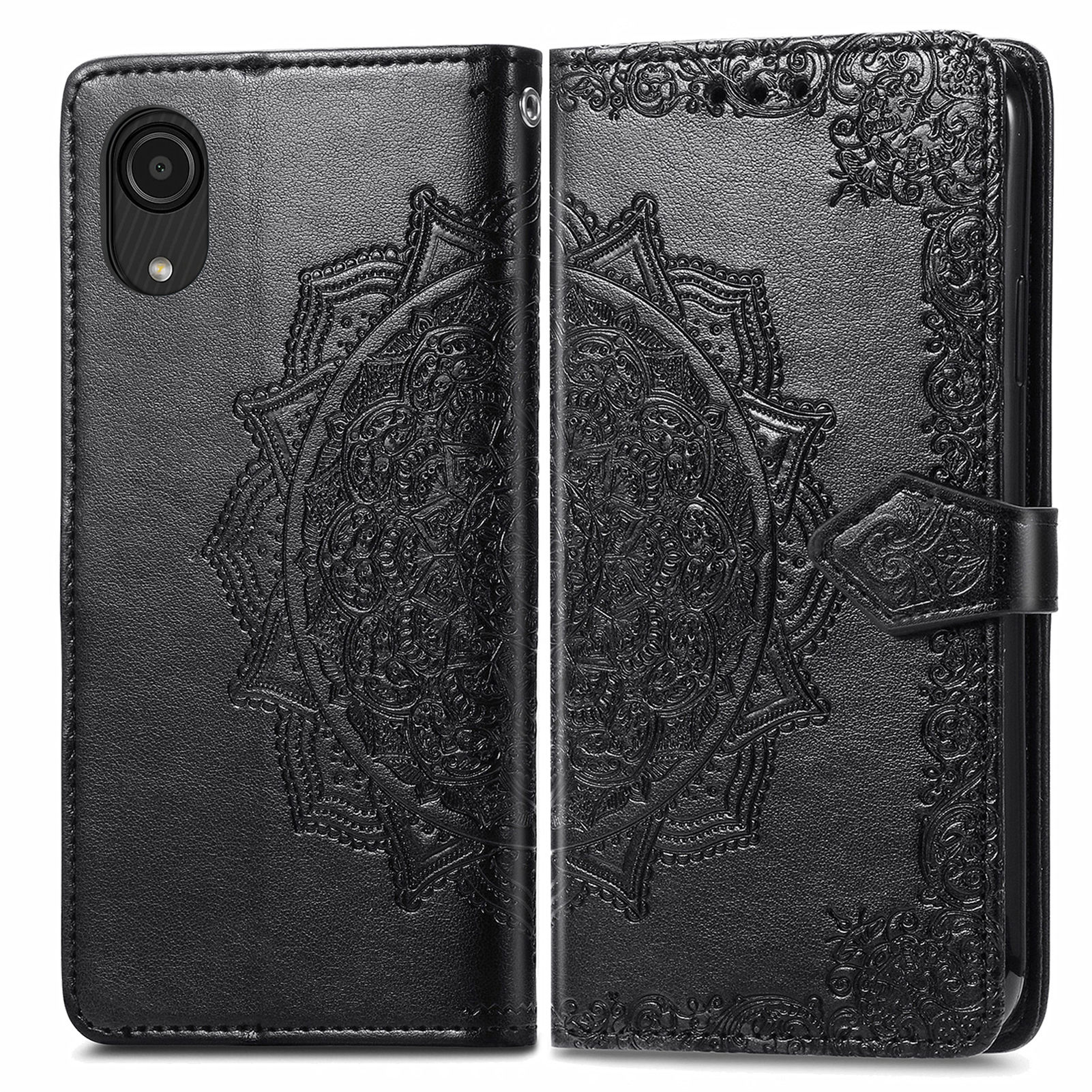 

For Samsung Galaxy A03 Core Mandala Embossed PU Leather Wallet Phone Case Stand Magnetic Flip Protective Cover with Strap - Black, Samsung Galaxy A03 Core