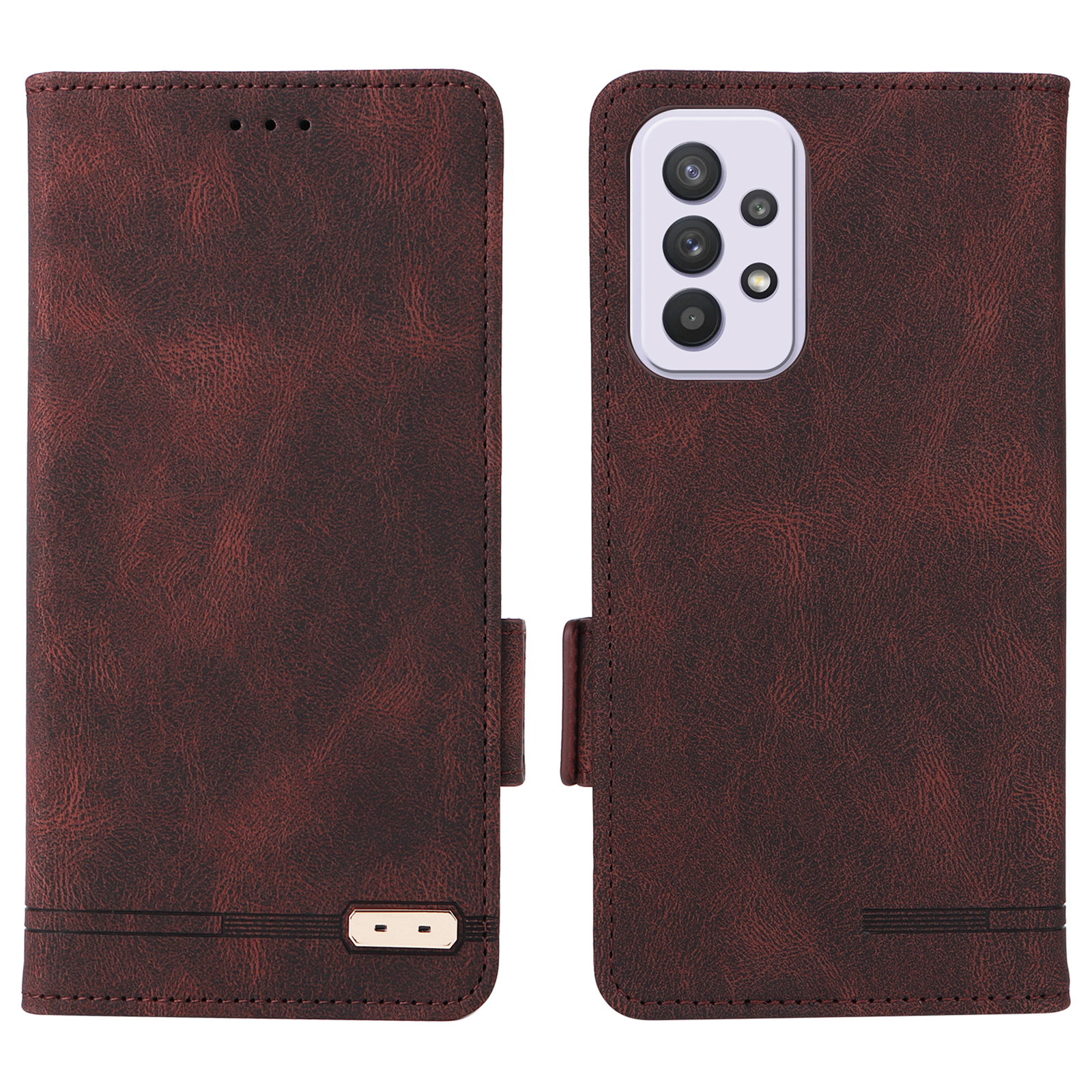 

For Samsung Galaxy A33 5G Hardware Design Mobile Phone Case Anti-scratch Leather+TPU Protective Cover with Wallet Stand - Coffee, Samsung Galaxy A33 5G