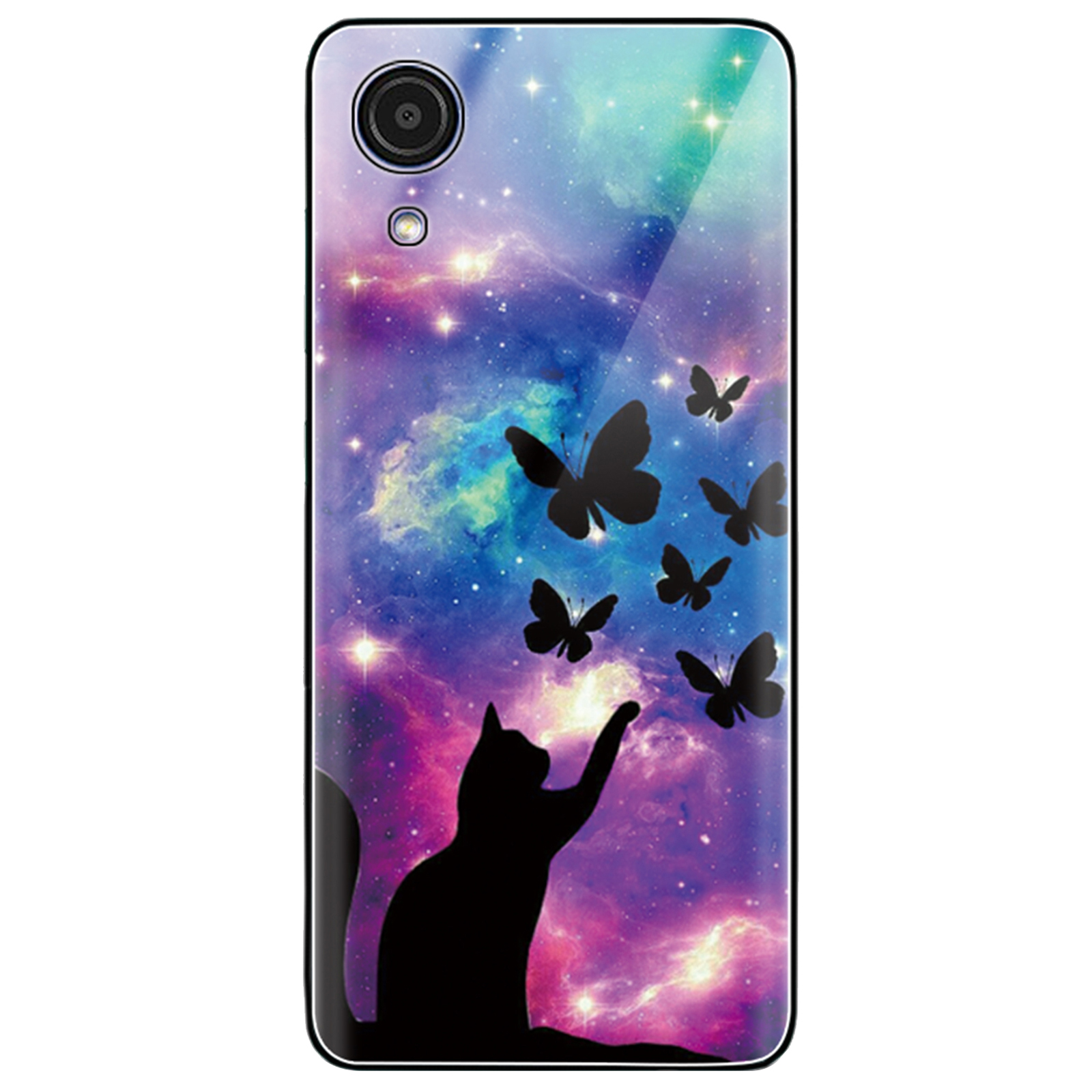 

For Samsung Galaxy A03 Core Hard Tempered Glass Shell Stylish Pattern Printing Back + TPU Frame Cell Phone Cover - Cat and Butterflies, Samsung Galaxy A03 Core