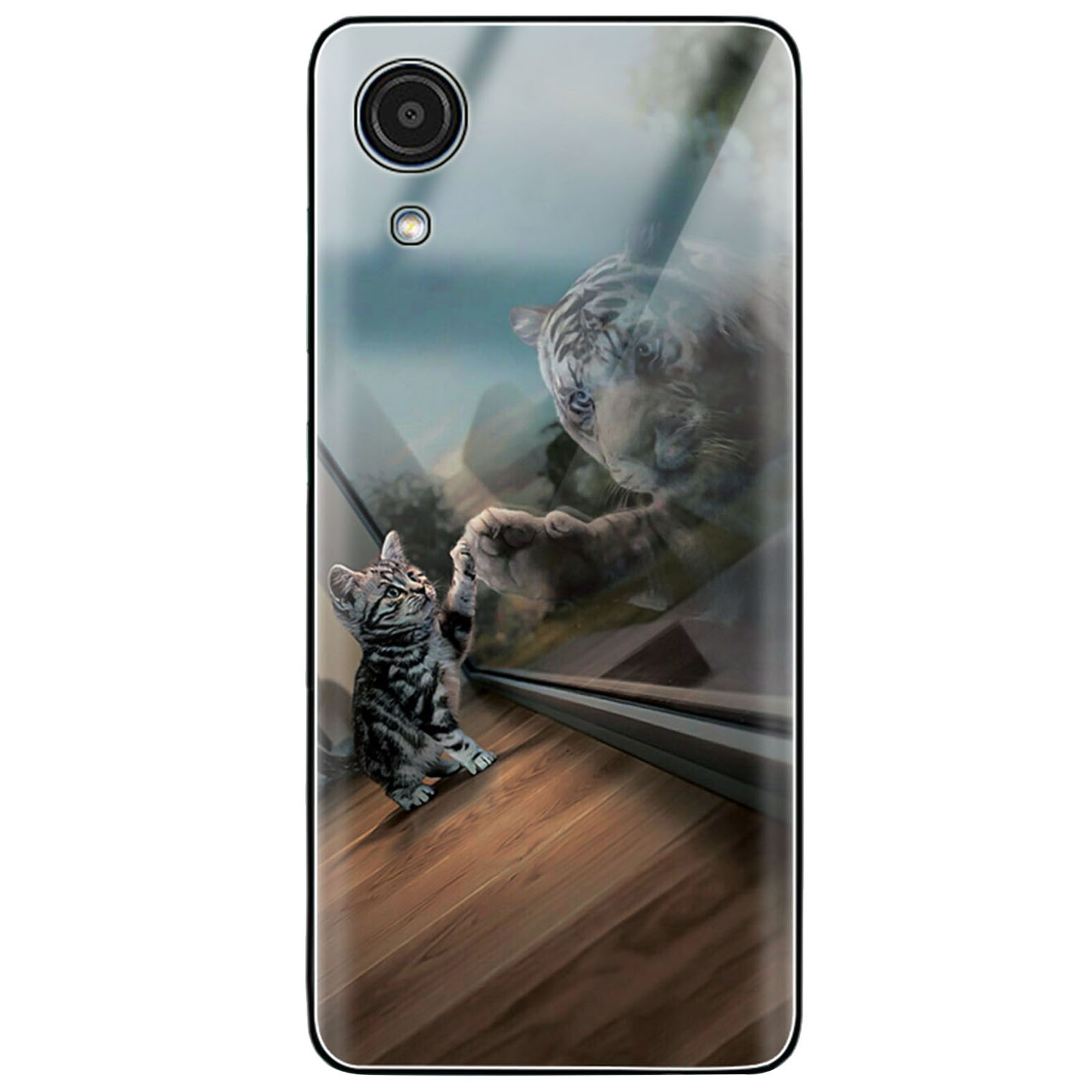 

For Samsung Galaxy A03 Core Pattern Printing Anti-scratch Drop-proof Tempered Glass Back Soft TPU Protective Case - Mirror/Cat and Tiger, Samsung Galaxy A03 Core