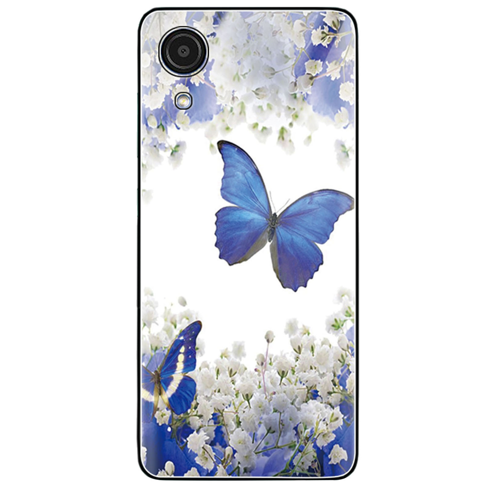 

For Samsung Galaxy A03 Core Pattern Printing Anti-scratch Drop-proof Tempered Glass Back Soft TPU Protective Case - Blue Butterflies, Samsung Galaxy A03 Core