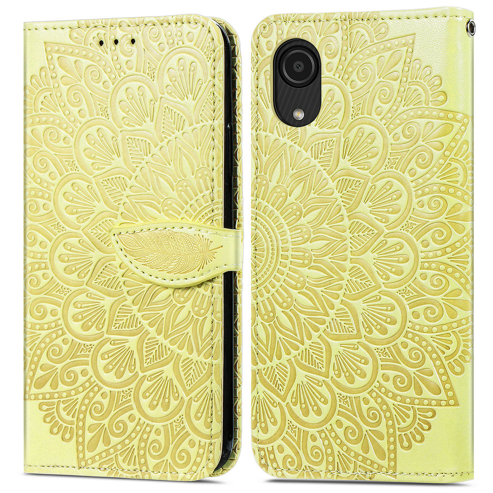 

For Samsung Galaxy A03 Core Cell Phone Case Imprinted Dream Wings Pattern TPU+PU Leather Folio Stand Function Wallet Flip Cover with Strap - Yellow, Samsung Galaxy A03 Core