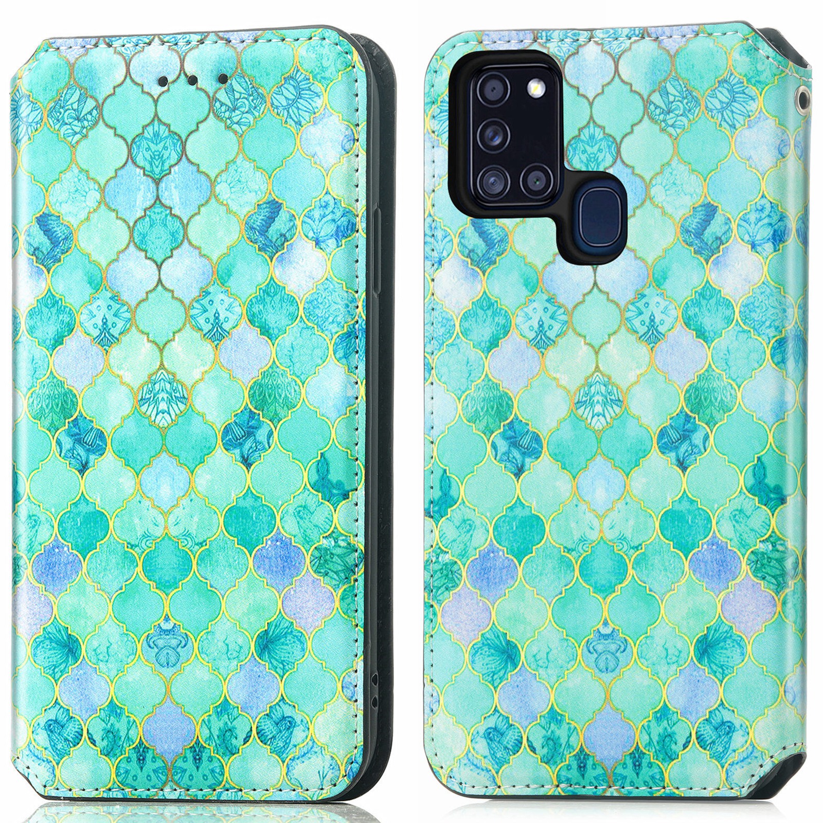 

CASENEO 001 Series Pattern Printing Leather Case for Samsung Galaxy A21s, RFID Blocking Wallet Flip Folio Stand Auto Magnetic Closed Phone Cover - Emerald, Galaxy A21s
