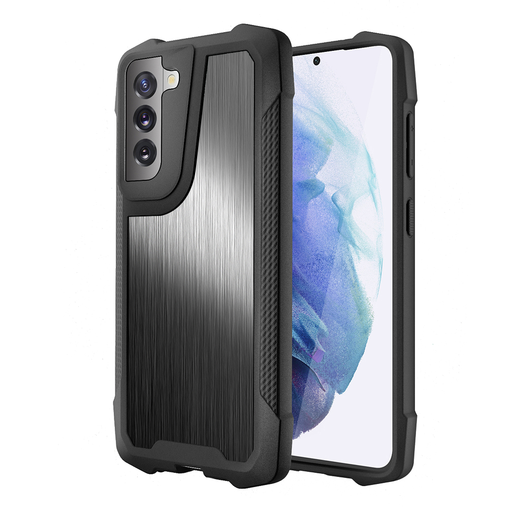 

For Samsung Galaxy S21+ 5G Thickened Four Corners Stainless Steel Back + PC + TPU Anti-drop Cell Phone Case Cover - Brushed/Black, Galaxy S21+ 5G