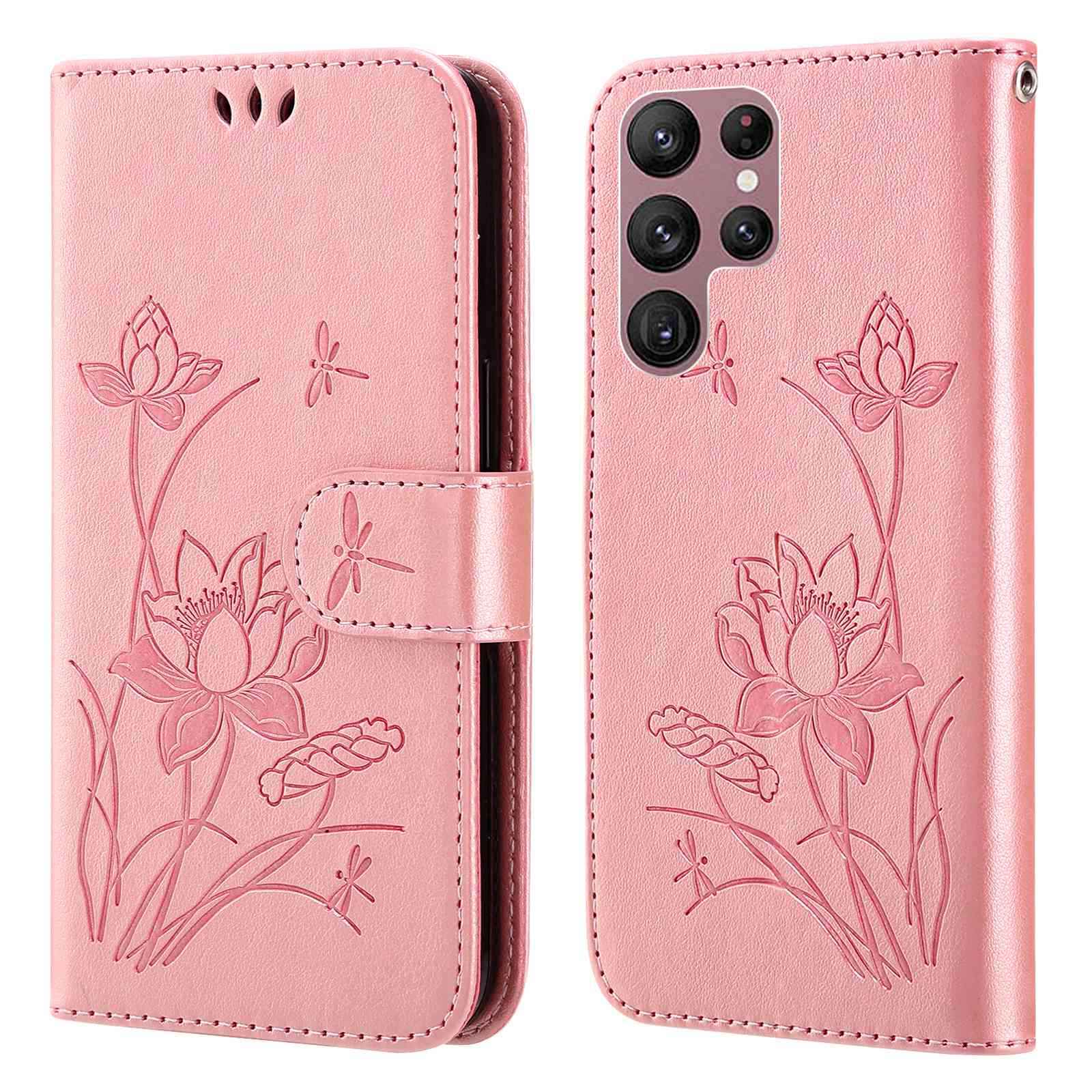 

Для Samsung Galaxy S22 Ultra 5G PU Кожаная Кожа Lotus Case Case Stand Двусторонняя Магнитная Застежка с Ремешком с Ремешком - Розовый, Galaxy S22 Ultra 5G