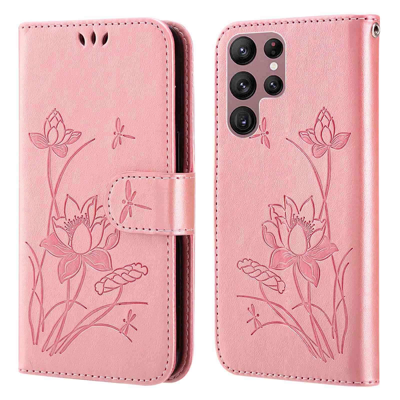 

For Samsung Galaxy S22 Ultra 5G PU Leather Imprinted Lotus Wallet Case Stand Double-sided Magnetic Clasp Phone Cover with Strap - Pink, Galaxy S22 Ultra 5G