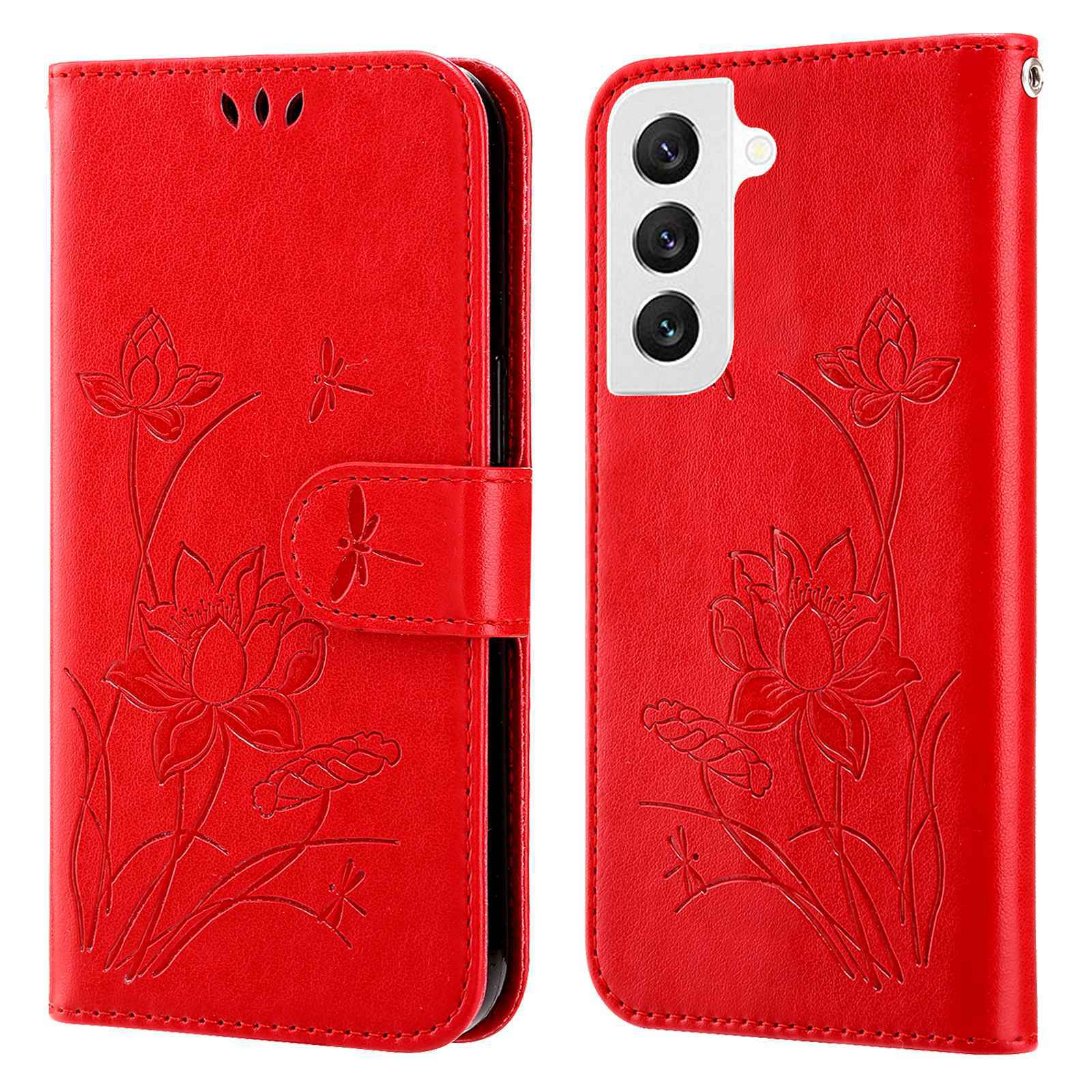 

Для Samsung Galaxy S22+ 5G Отпечаток Lotus PU Кожаный Ударный Кошелек Регулируемый Кошелек Крышка Сотового Телефона с Ремешком - Красный, Galaxy S22+ 5G