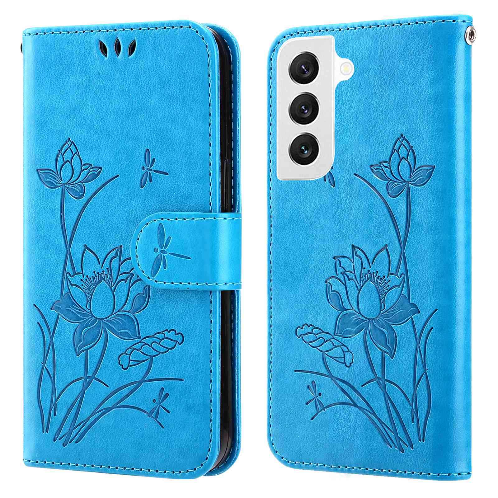 

For Samsung Galaxy S22+ 5G Imprinted Lotus PU Leather Shockproof Wallet Case Adjustable Stand Cell Phone Cover with Strap - Blue, Galaxy S22+ 5G