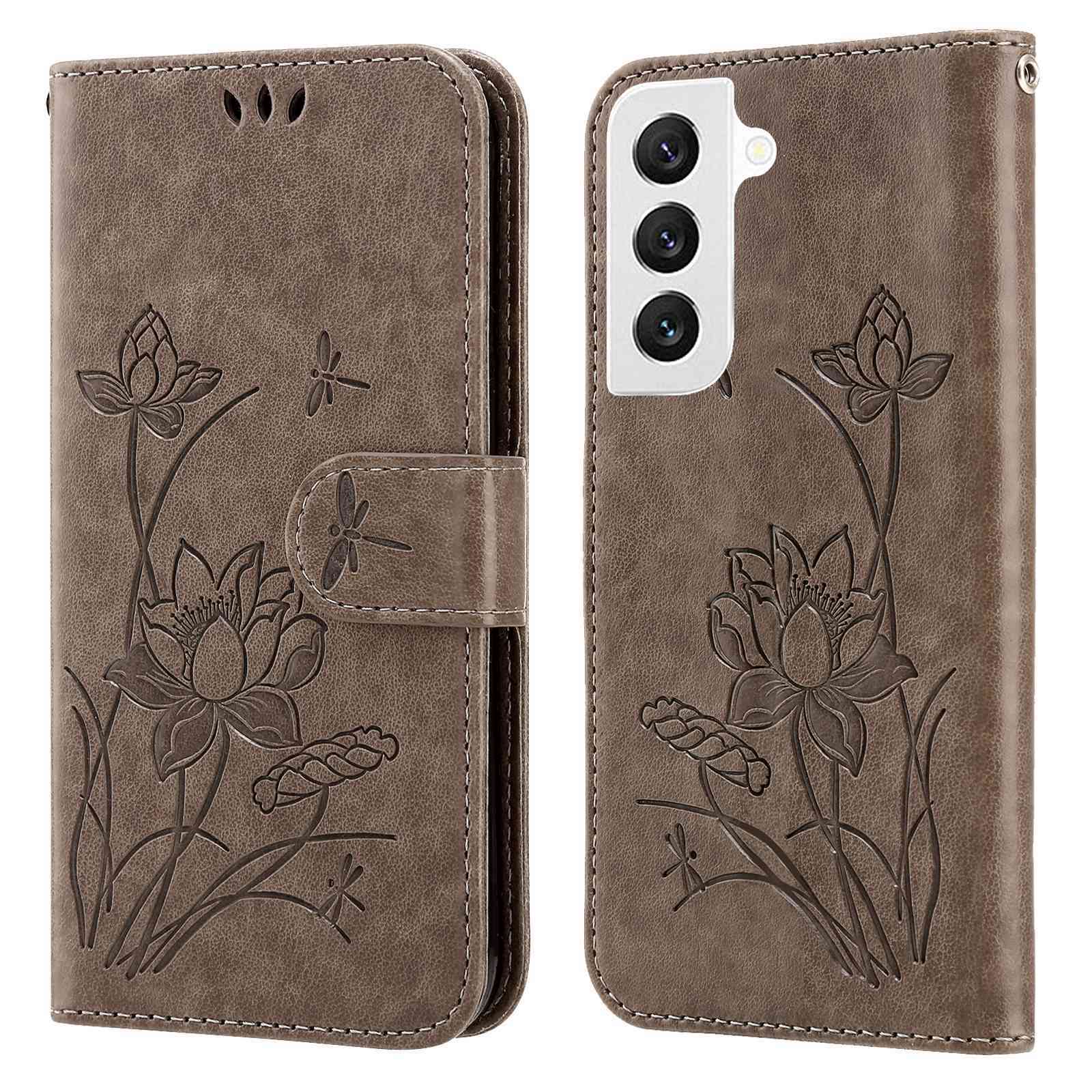 

Для Samsung Galaxy S22+ 5G Отпечаток Lotus PU Кожаный Ударный Кошелек Регулируемый Кошелек Крышка Сотового Телефона с Ремешком - Серый, Galaxy S22+ 5G
