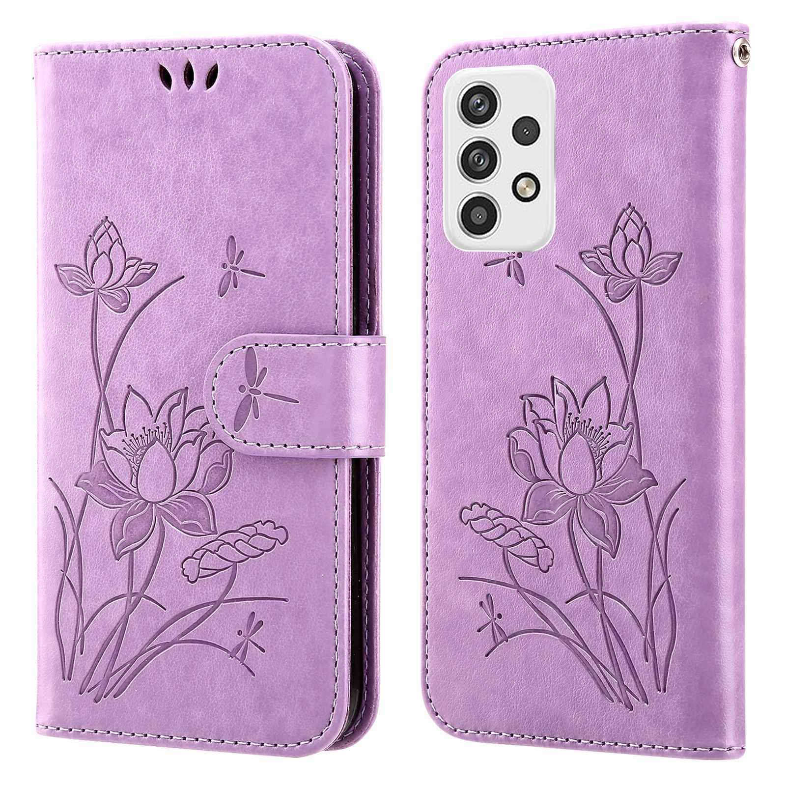 

For Samsung Galaxy A23 4G / 5G (Global Version) Anti-scratch Imprinted Lotus PU Leather Case Wallet Stand Phone Shell with Strap - Purple, Galaxy A23 4G
