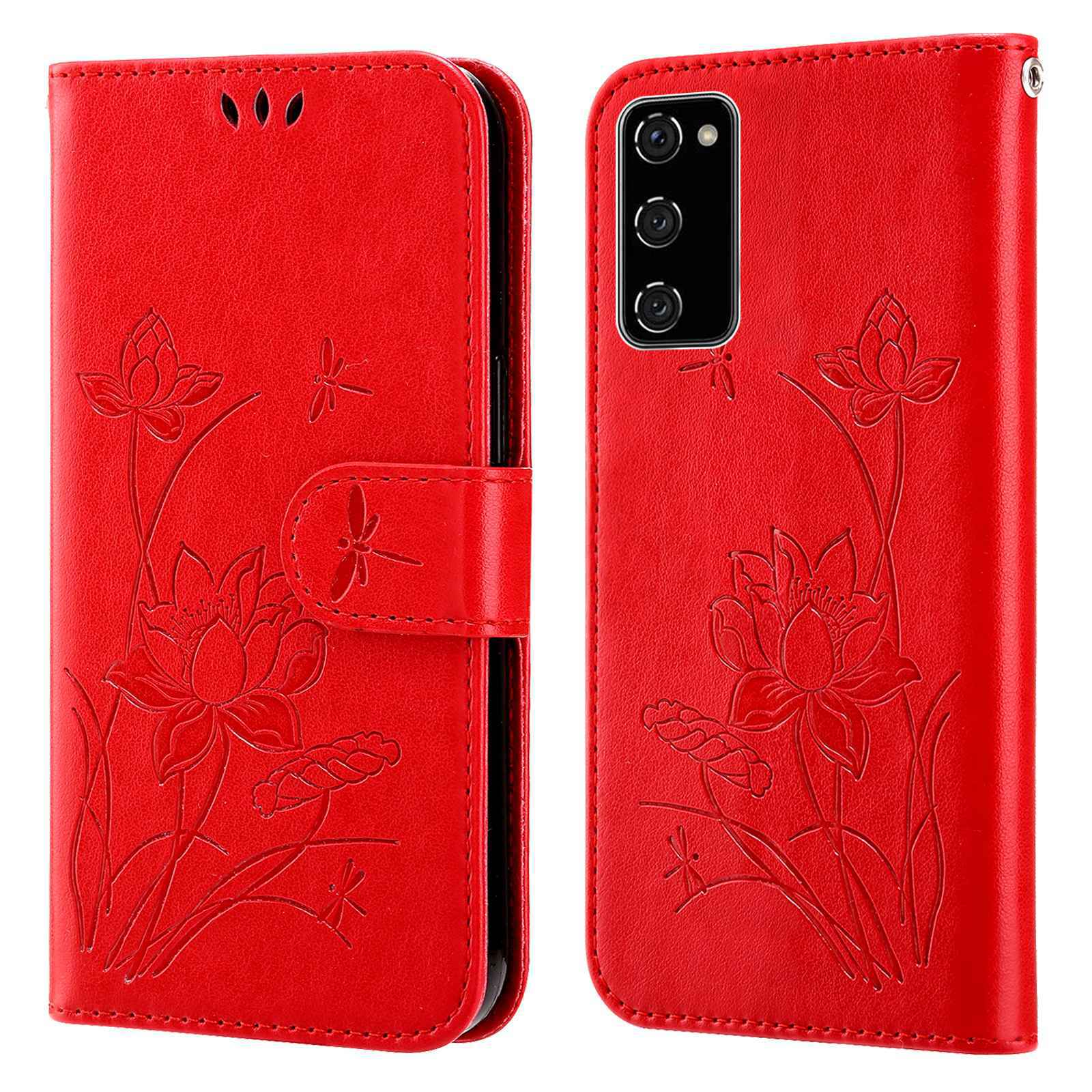 

For Samsung Galaxy S20 FE 2022/S20 FE 4G/5G/S20 Lite Dual-layer Protection TPU+PU Leather Imprinted Lotus Pattern Case Anti-scratch Wallet Stand Shell - Red, Galaxy S20 FE 2022