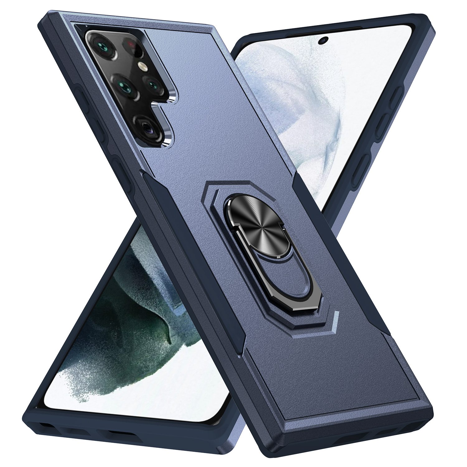 

Defender Series PC + TPU Cellphone Case for Samsung Galaxy S22 Ultra 5G, Impact Resistant Phone Cover with Rotary Ring Kickstand - Blue/Blue, Galaxy S22 Ultra 5G