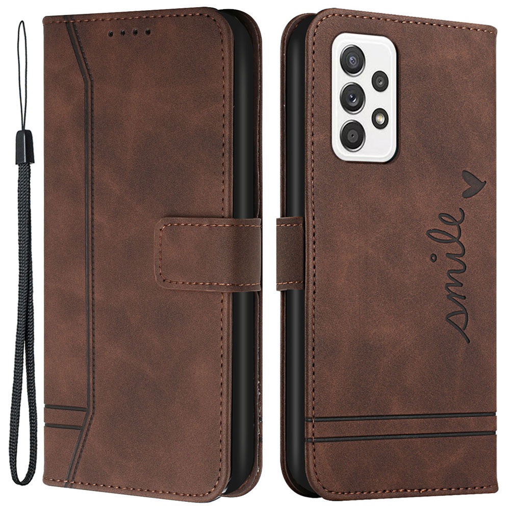 

For Samsung Galaxy A33 5G 003 Series Anti-collision Heart Shape Imprinted Skin-touch PU Leather Flip Stand Wallet Phone Case with Strap - Coffee, Samsung Galaxy A33 5G