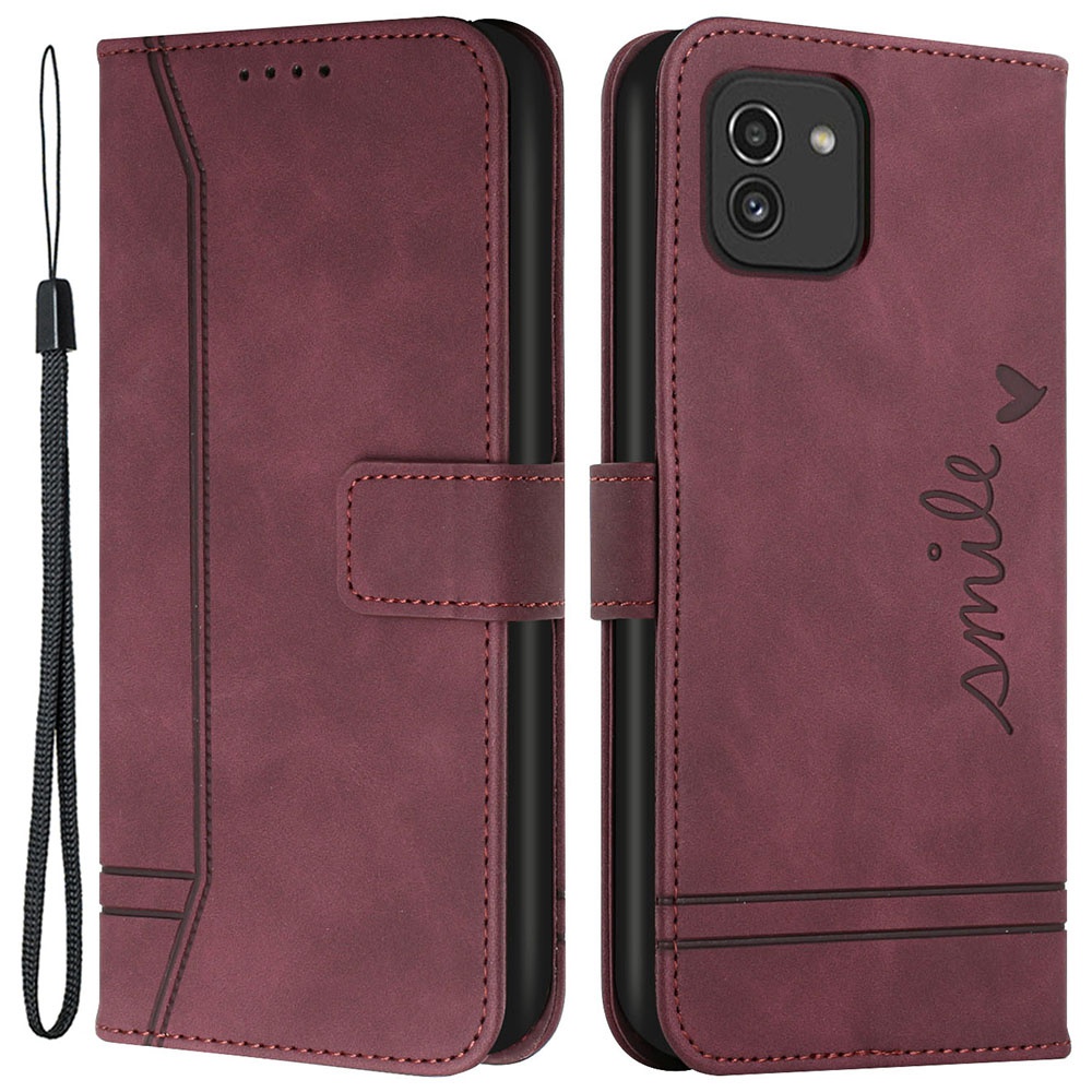 

For Samsung Galaxy A03 (166.5 x 75.98 x 9.14mm) 003 Series Heart Shape Imprinted Skin-touch PU Leather Cover Magnetic Clasp Flip Stand Wallet Phone Case - Red, Samsung Galaxy A03 (166.5 x 75.98 x 9.14mm)