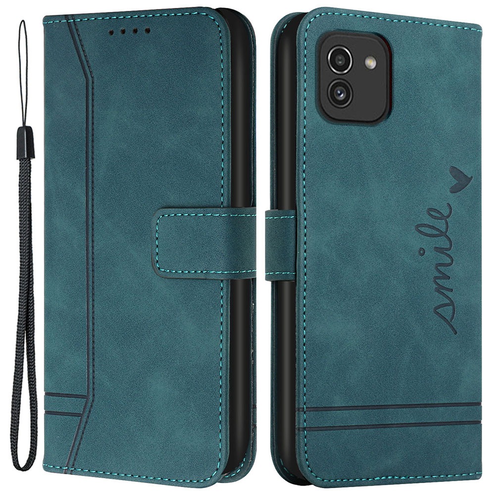 

For Samsung Galaxy A03 (166.5 x 75.98 x 9.14mm) 003 Series Heart Shape Imprinted Skin-touch PU Leather Cover Magnetic Clasp Flip Stand Wallet Phone Case - Green, Samsung Galaxy A03 (166.5 x 75.98 x 9.14mm)