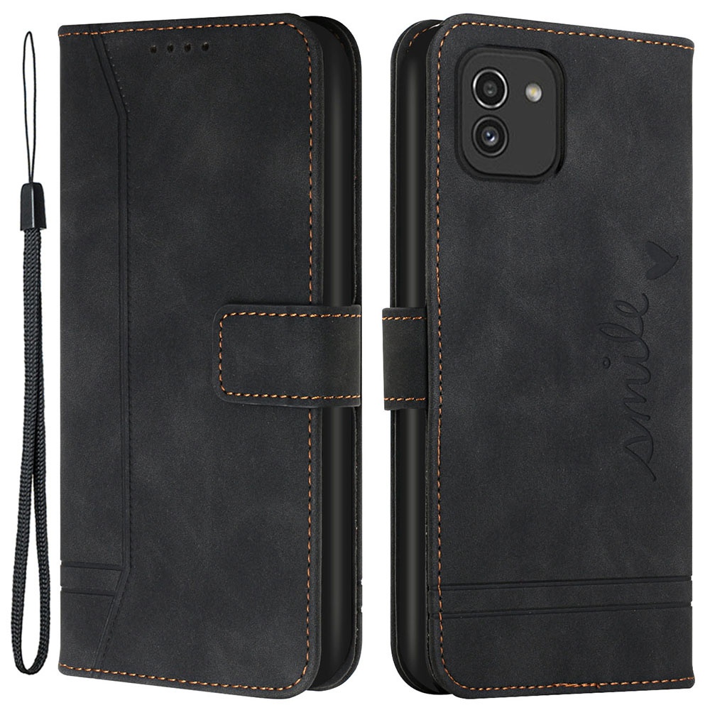 

For Samsung Galaxy A03 (164.2 x 75.9 x 9.1mm) 003 Series Drop Proof Heart Shape Imprinted Skin-touch PU Leather Cover Flip Stand Wallet Phone Case with Strap - Black, Samsung Galaxy A03 (164.2 x 75.9 x 9.1mm)