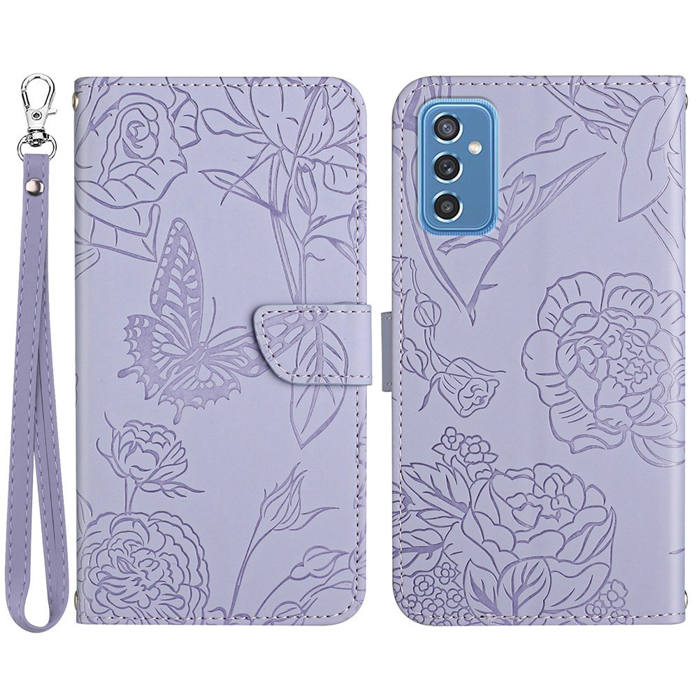 

Butterfly Flower Imprinted Case for Samsung Galaxy M52 5G, Skin-touch Wallet Stand Leather Phone Cover with Hand Strap - Light Purple, Samsung Galaxy M52 5G