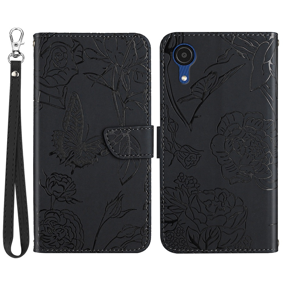 

For Samsung Galaxy A03 Core Flip Wallet Phone Case Butterfly Flower Imprinted Stand Feature Skin-touch PU Leather Cover with Hand Strap - Black, Samsung Galaxy A03 Core