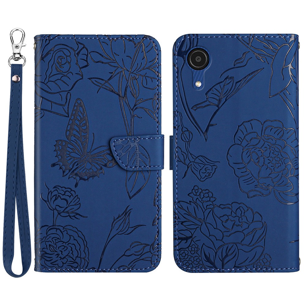 

For Samsung Galaxy A03 Core Flip Wallet Phone Case Butterfly Flower Imprinted Stand Feature Skin-touch PU Leather Cover with Hand Strap - Blue, Samsung Galaxy A03 Core