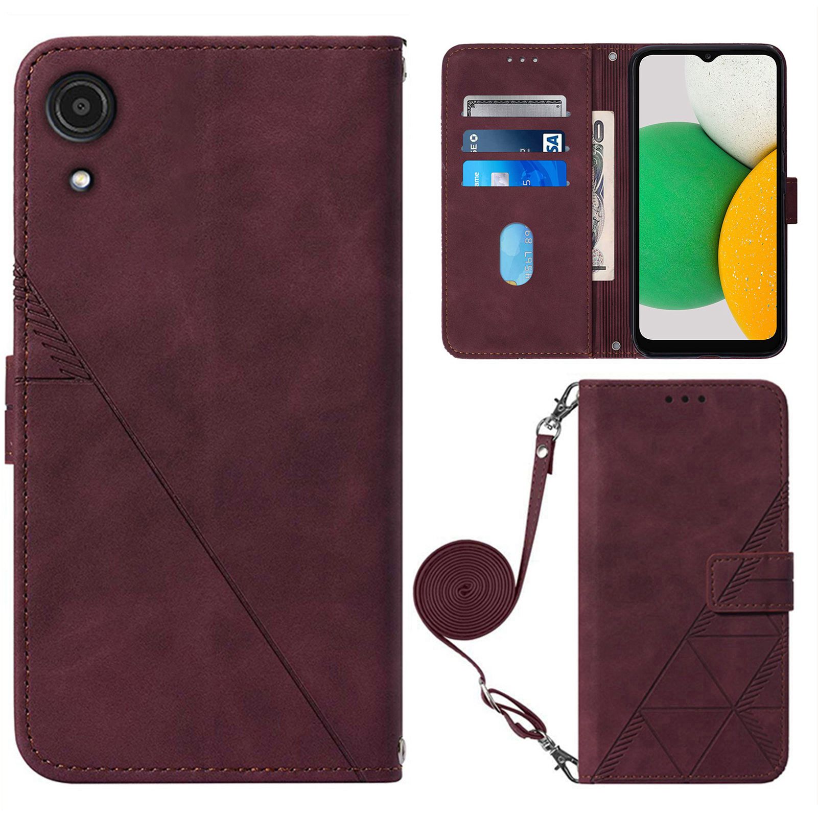 

YB Imprinting Series-2 Lines Imprinting PU Leather Shell for Samsung Galaxy A03 Core, Dual-Sided Absorption Clasp Foldable Stand Leather Wallet Phone Case with Shoulder Strap - Wine Red, Samsung Galaxy A03 Core