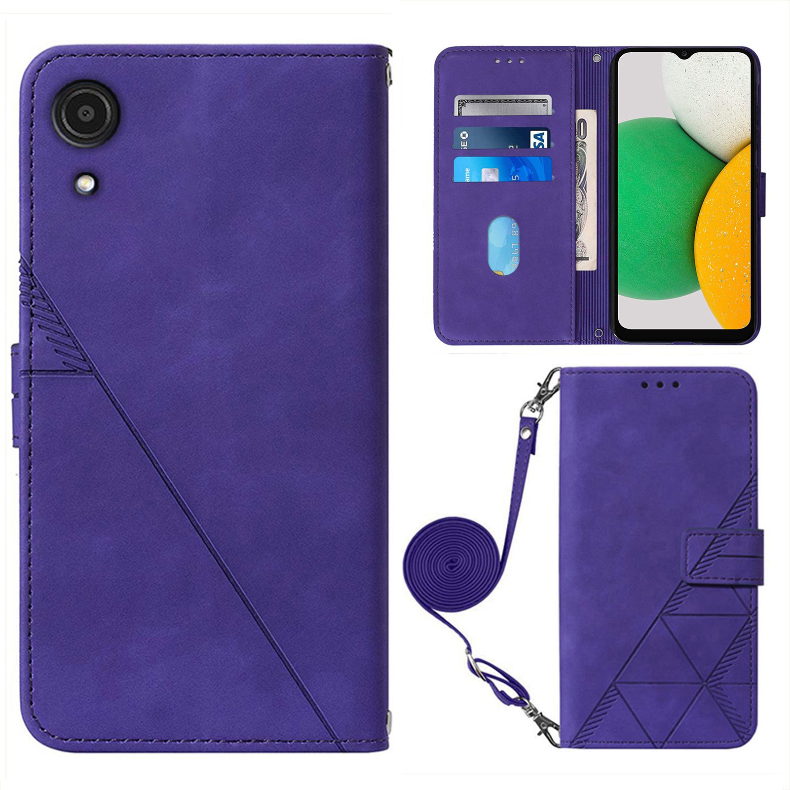 

YB Imprinting Series-2 Lines Imprinting PU Leather Shell for Samsung Galaxy A03 Core, Dual-Sided Absorption Clasp Foldable Stand Leather Wallet Phone Case with Shoulder Strap - Purple, Samsung Galaxy A03 Core