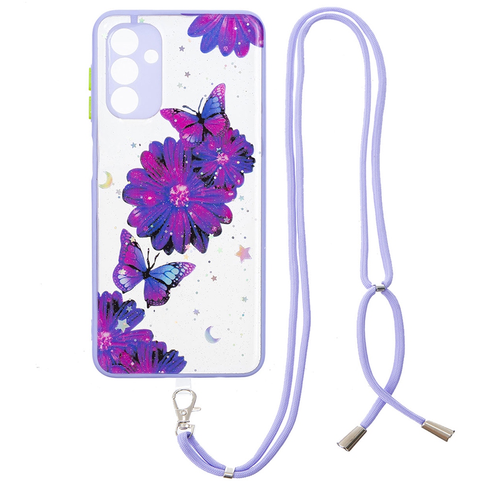 

For Samsung Galaxy A13 5G Stylish Pattern Printing Protective Case Precise Cutouts PC + TPU Phone Cover with Shoulder Strap - Purple Flower and Butterfly, Galaxy A13 5G