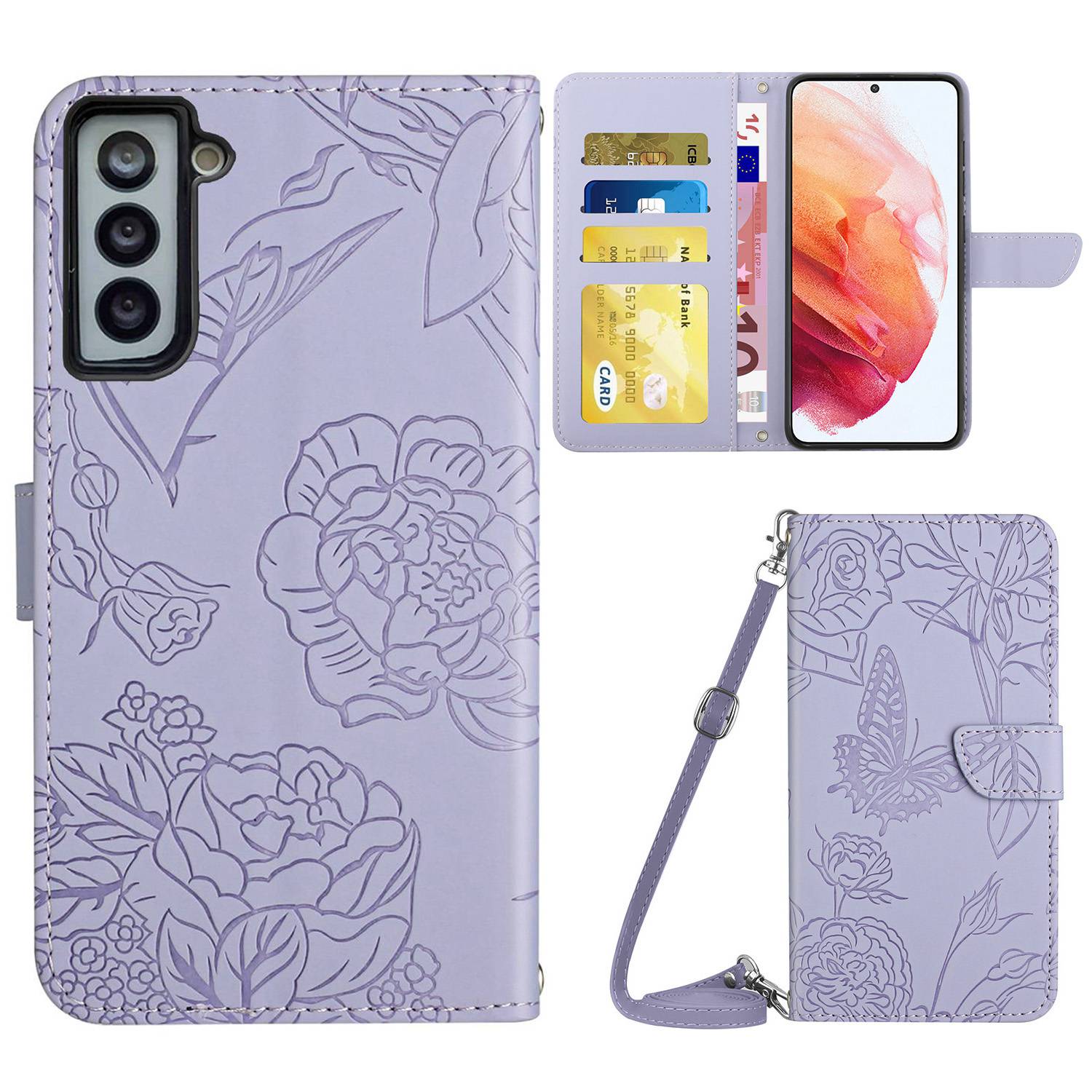 

Кожаный Чехол Для Цветов с Бабочкой Для Samsung Galaxy S21 4G/5G, Подставка Для Кошелька с Плечевым Ремнем - Светло-фиолетовый, Galaxy S21 5G
