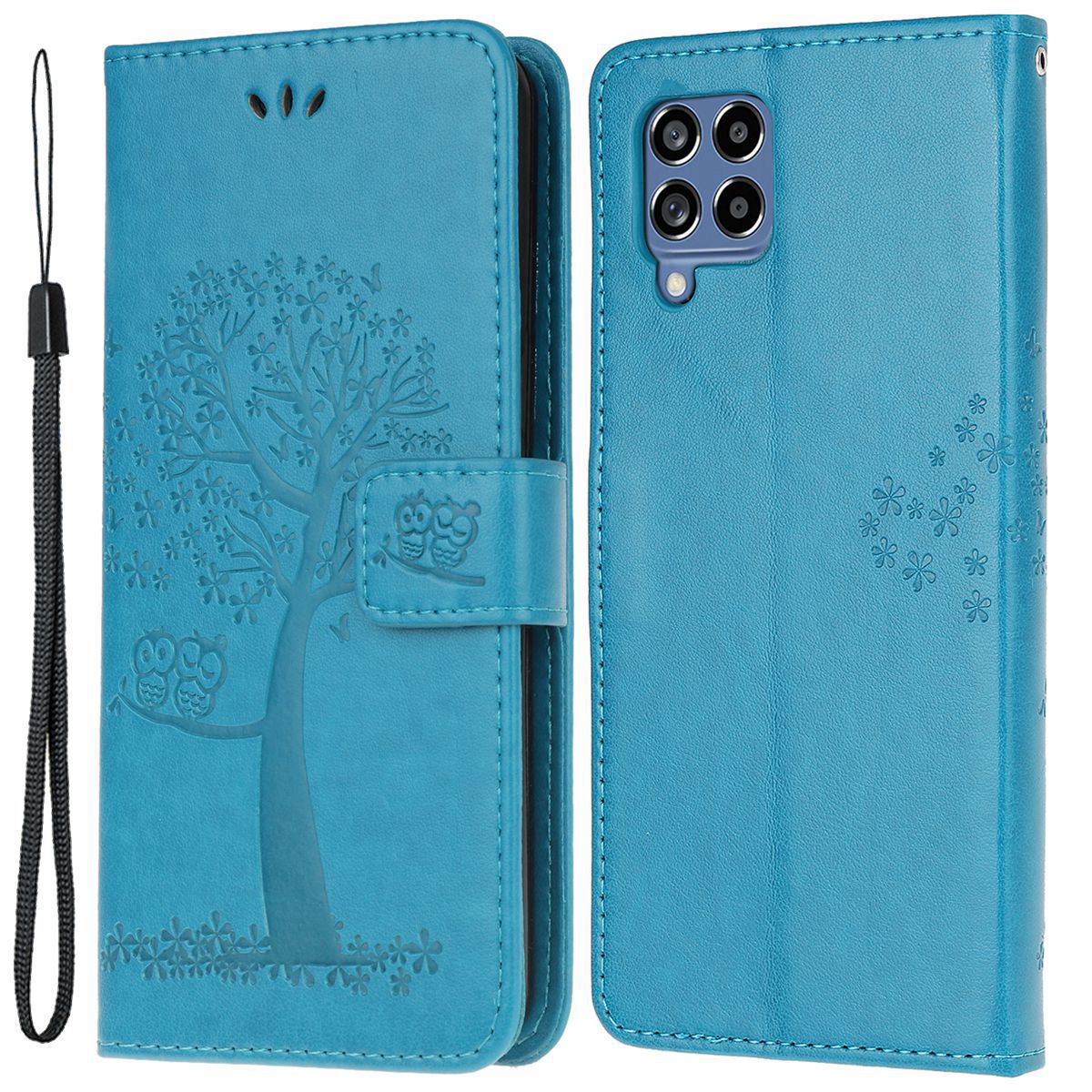 

For Samsung Galaxy M53 5G Stand PU Leather Case Imprinted Owl Tree Pattern Wallet Cover with Strap - Blue, Galaxy M53 5G